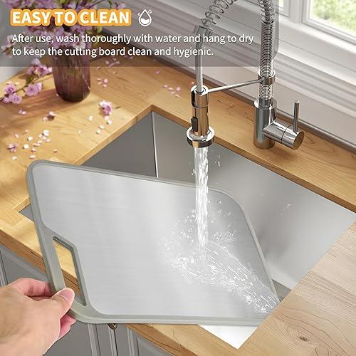 Miniatura 9 de LIHOOOOM Borada de corte de acero inoxidable, acero inoxidable y paja de trigo, tabla de cortar de doble cara de grado alimenticio para cocina,