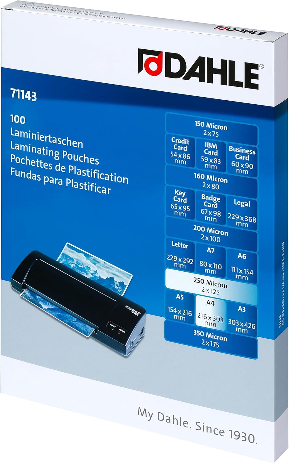 Dahle A4 Laminating Pouches, 250 Micron (2 x 125) Pack of 100, Glossy