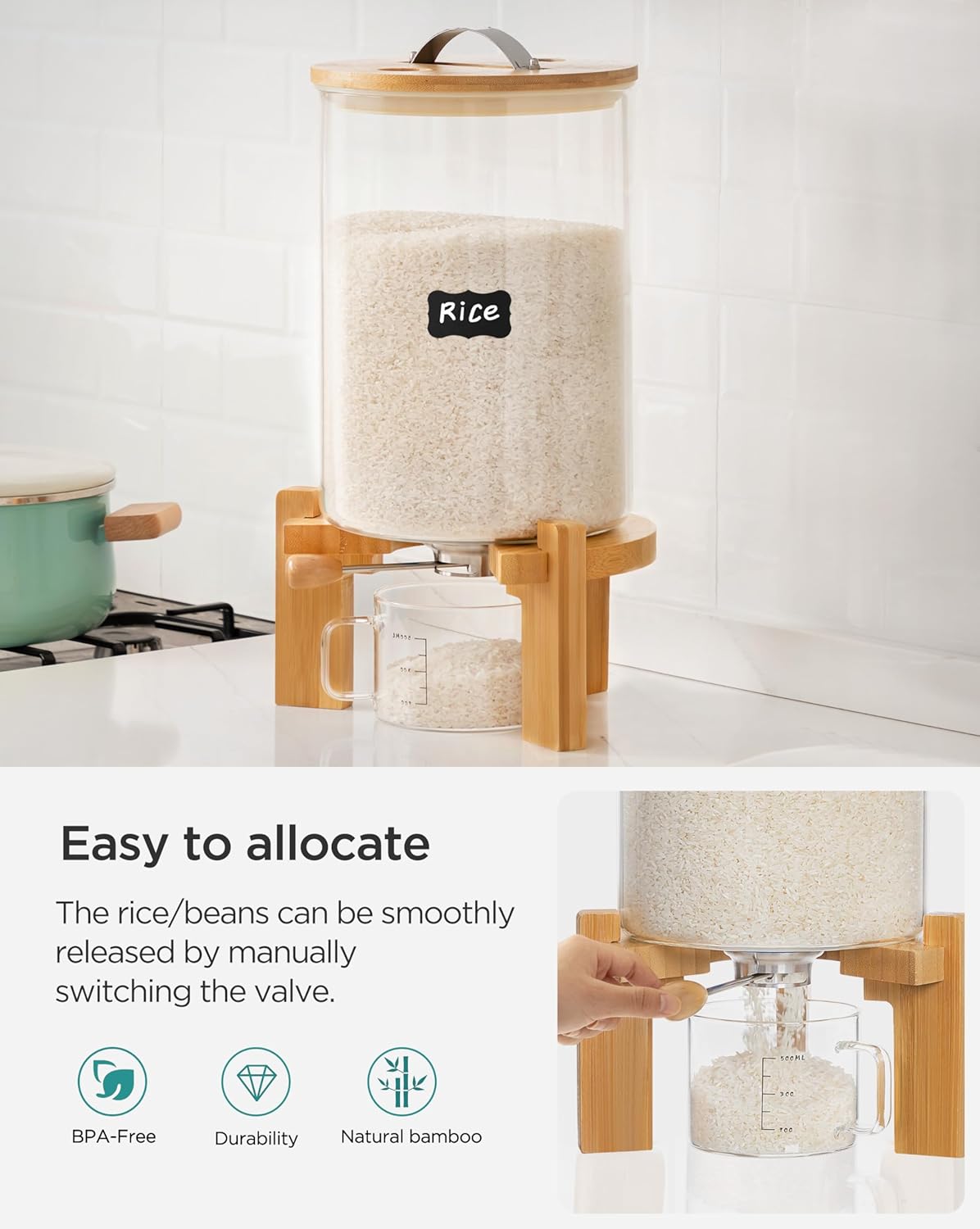 14-16 lbs Glass Rice Dispenser with Wooden Stand Flour and Cereal Container with Glass Measuring Cup & Labels & Slider mat Pantry Food Organization Storage Bin with Airtight Bamboo Lid, 8L