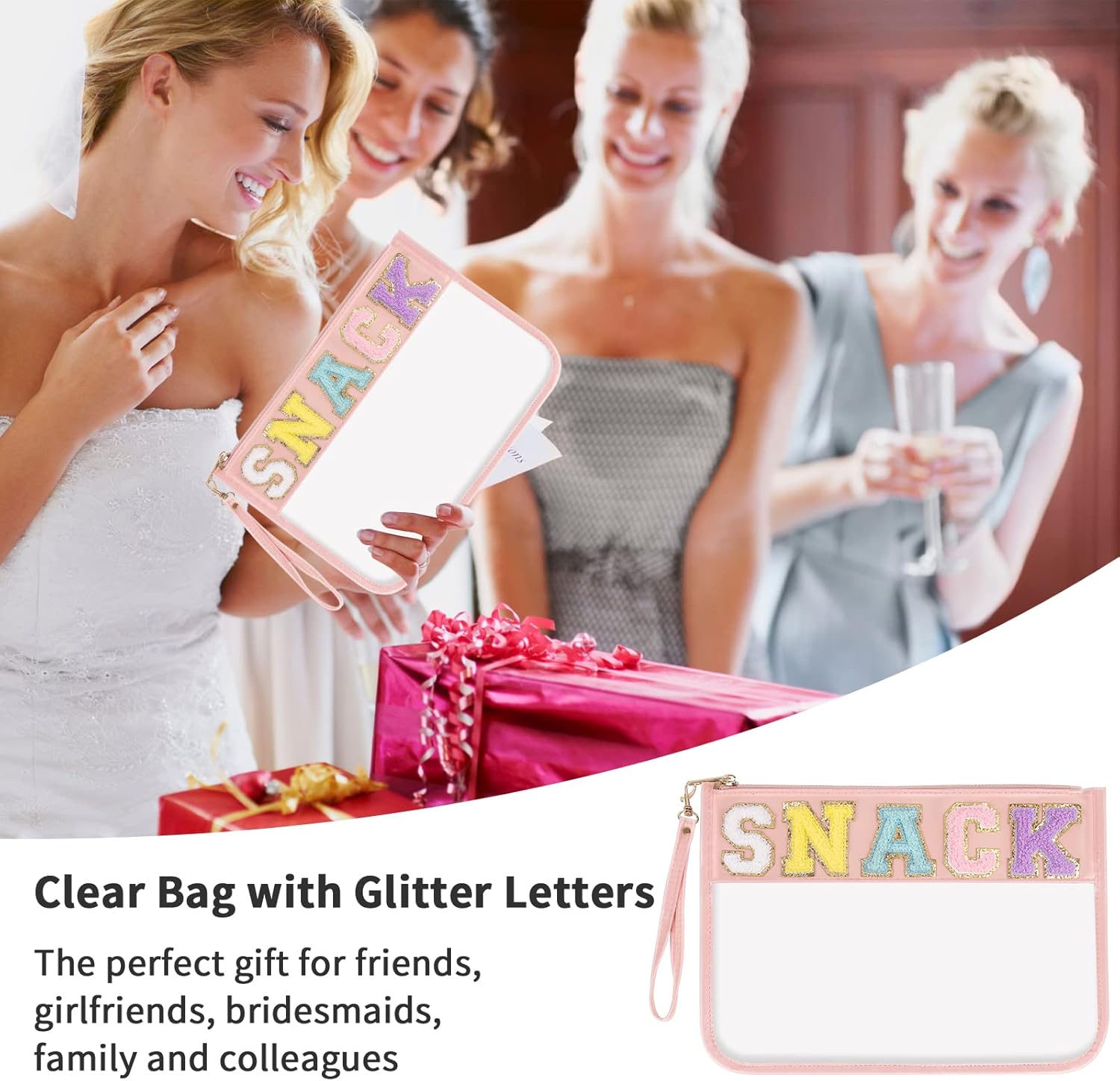 Iqimott Snack Bag Monogram Clear Letter Flat Pouch, Chenille Glitter Letter Patch Makeup Cosmetic Bag Zipper Toiletry Pouch, Portable Travel Beach Wristlet Bags for Women Girls(Snack, Pink) - Image 5