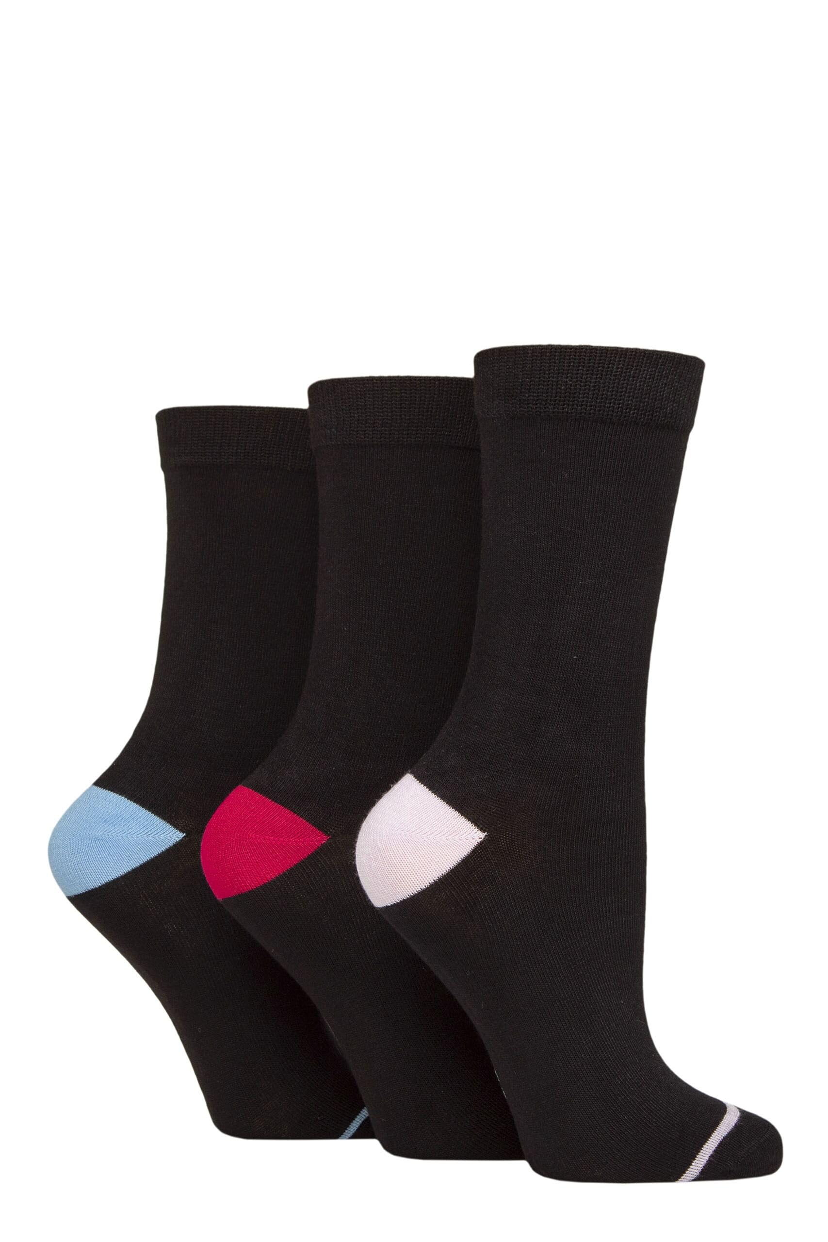 Glenmuir Women's Black Lilac / Wine / Blue Contrast Heel And Toe Bamboo Socks Pack Of 3 (Uk, Numeric, 4, 8, Regular, Regular, Black Lilac/Wine/Blue)