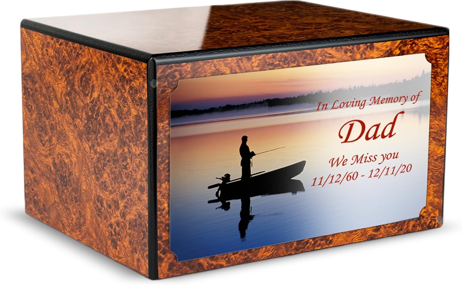 GetUrns Heritage Adult Burl Cremation Urn Box for Human Ashes I Fishing UV Printing Wooden Urns for Male and Female I 213lbs