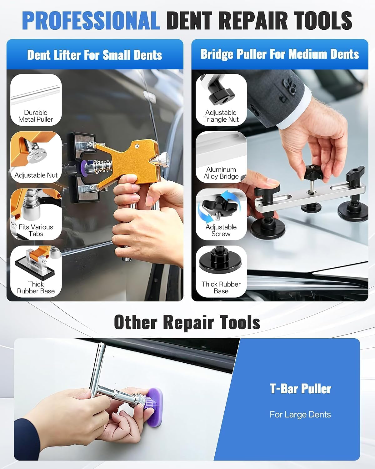 144 Piece Car Dent Repair Kit, Paintless Dent Removal Kit with T-Bar, Bridge Puller & Suction Cup, Dent Remover Tool, PDR Kit for Hail Damage, Door Dings & Auto Body