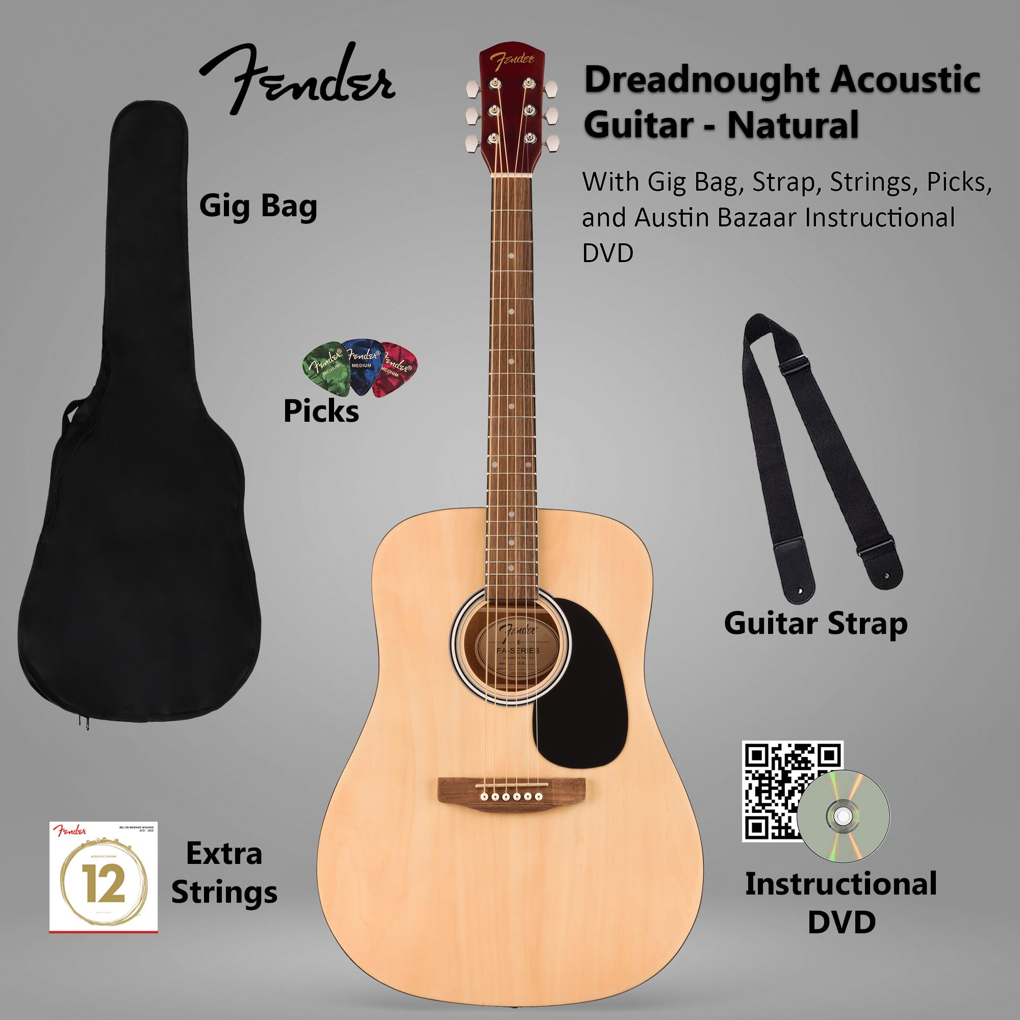 Fender Dreadnought Acoustic Guitar - Natural Bundle with Gig Bag, Strap, Strings, Picks, and Austin Bazaar Instructional Video