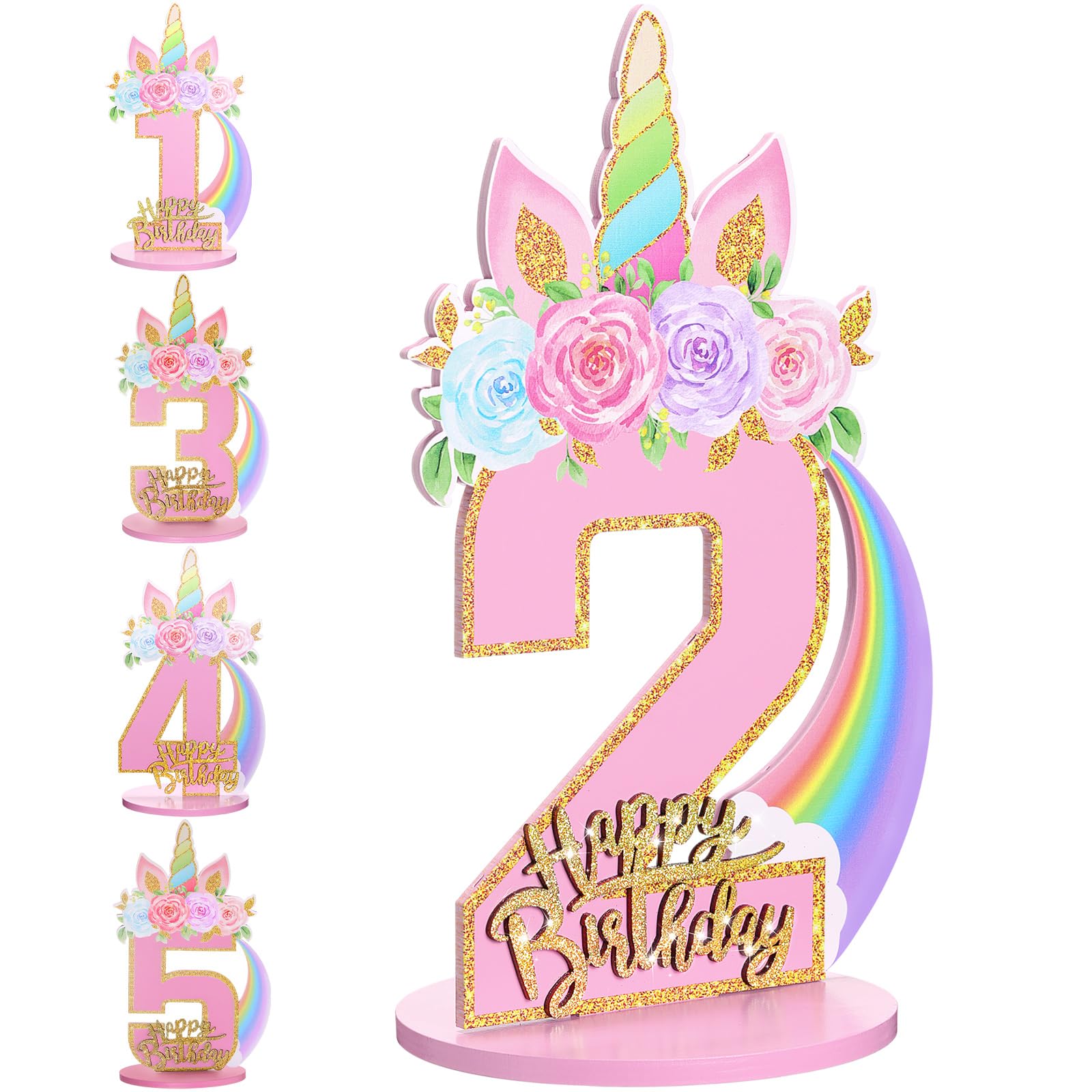 MiniInflat Unicorn 1/2/3/4/5/6/7/8/9th Birthday Number Sign Centerpiece for Girls 11.8 Inch Wooden Table Decoration Unicorn Party Supplies for Kids