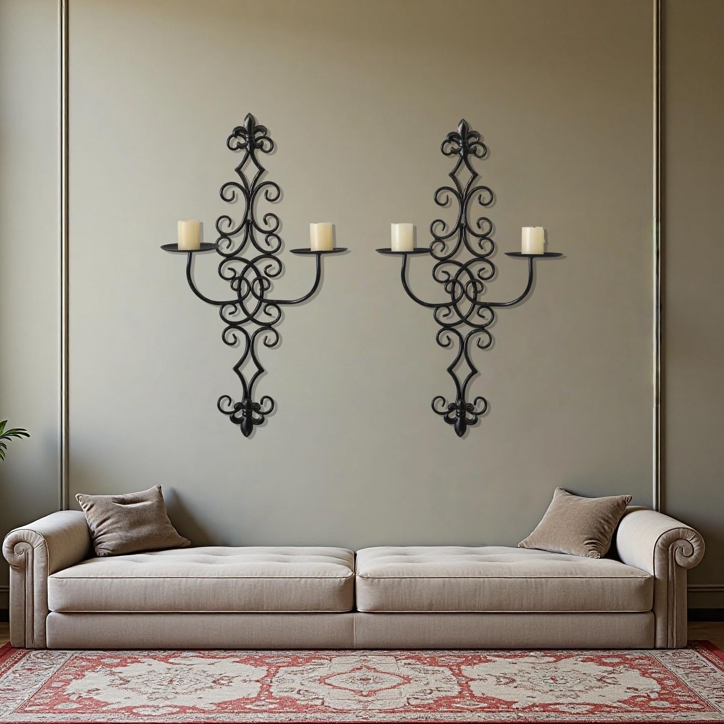 SOFE Large Black Candle Sconces Set of 2, 21 Inches Long Rustic Wall Candle Sconces Double Arm, Vintage Pillar Candle Holder, Living Room, Bathroom, Entryway Metal Scroll Wall Decor