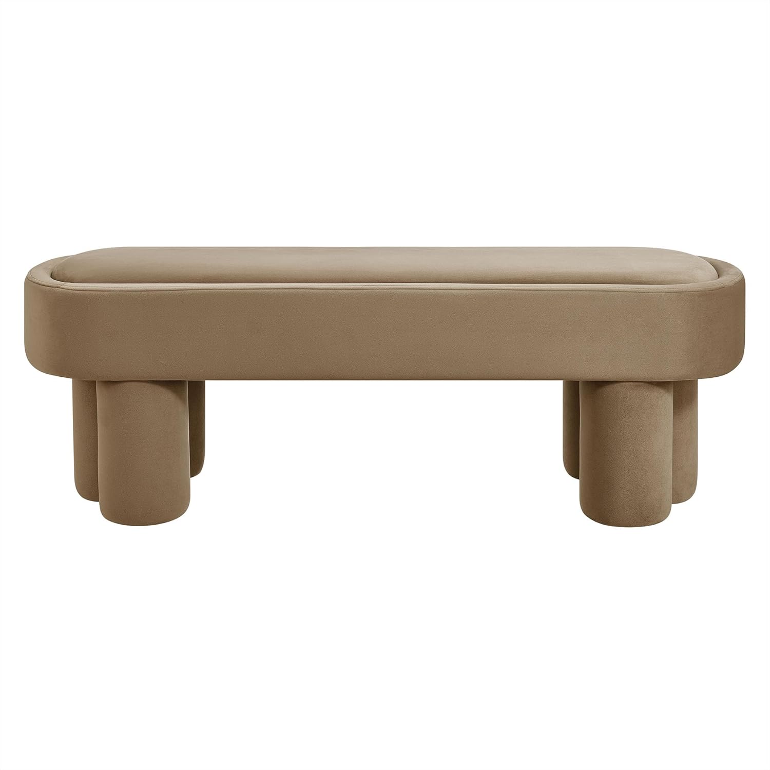 Modway Mossi 52-Inch Modern Oval Performance Velvet Bench in Taupe – Upholstered Accent Bench with Cylindrical Clover-Leg Base for Bedroom, Entryway, or Living Room