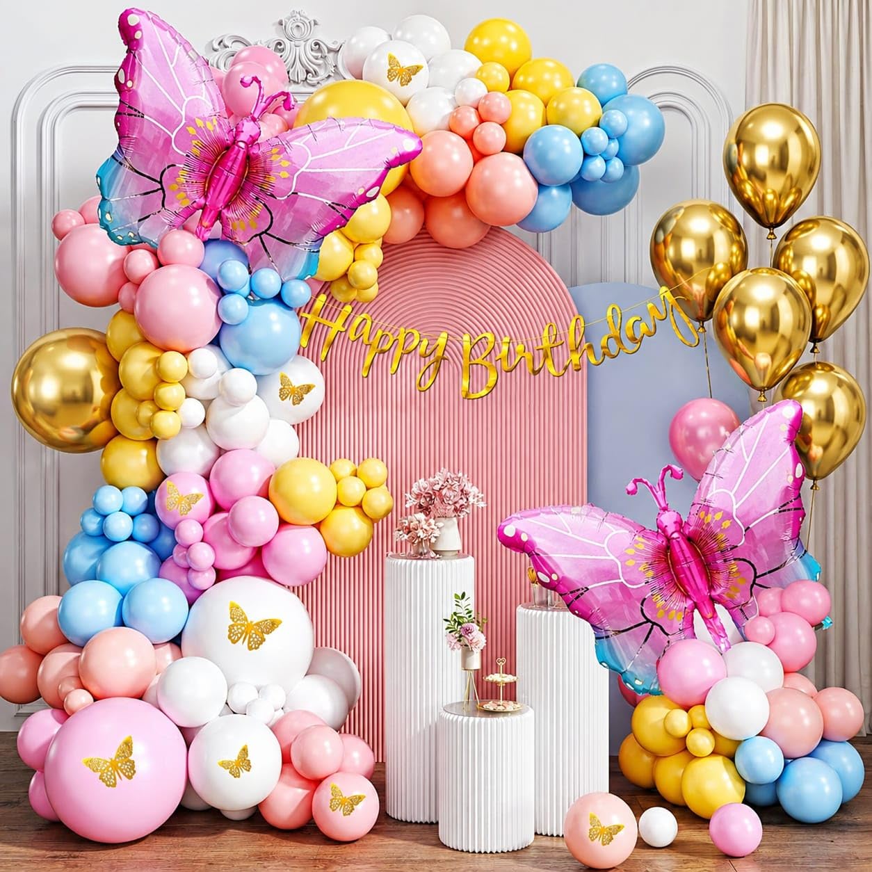 Pop The Party Butterfly Foil Balloon Set Of 72 Pcs Golden Butterfly Stickers and Multi Pastel Balloons –Birthday Decoration for Girls, Baby Shower, Garden Party Decor-image-31