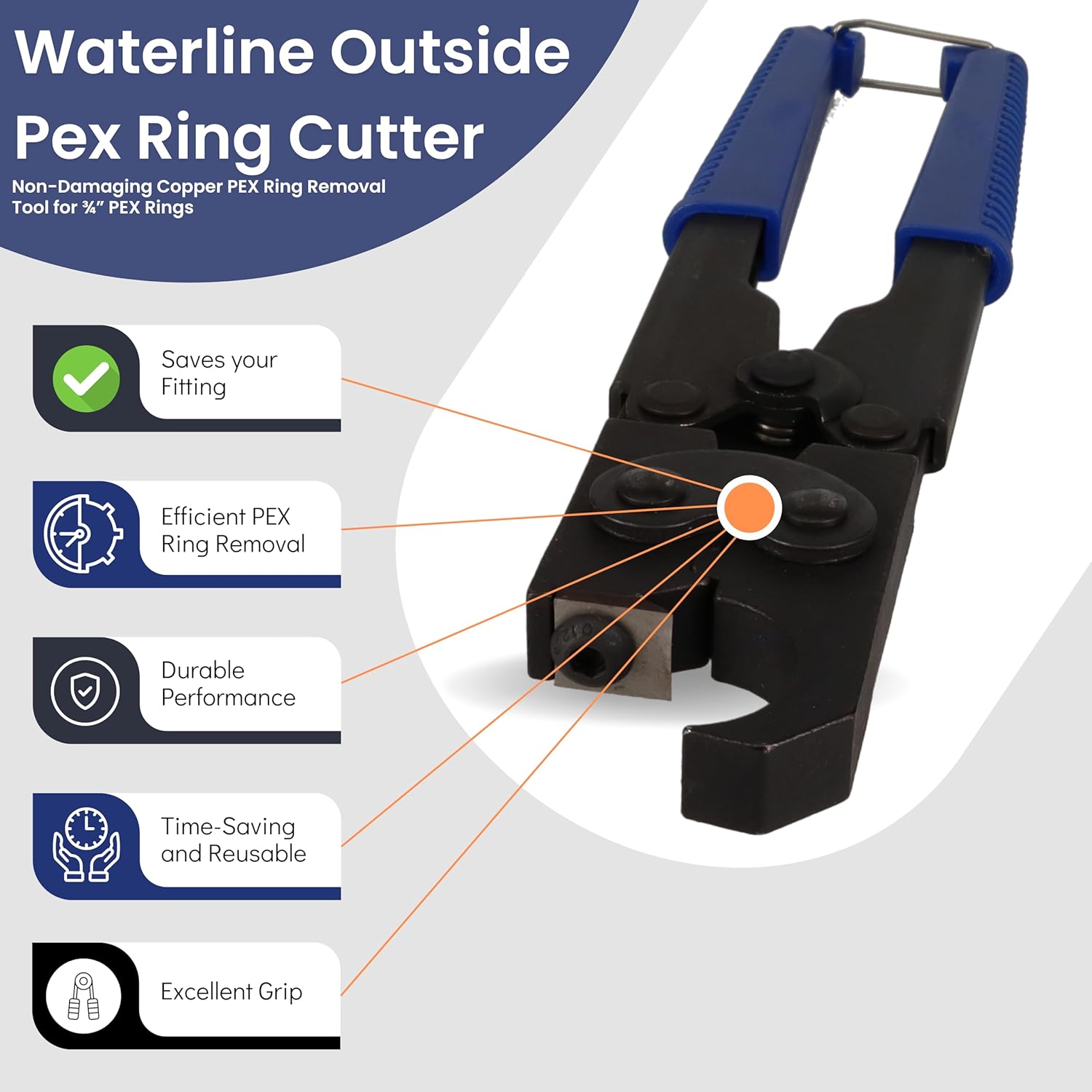Waterline 3/4" Pex Ring Crimp Removal Tool - Pro Cutter with Powerful Grip, Stainless Steel | Non-Damaging Remover | Plumbing Copper Band Disconnect Toolkit | Remove Clamp Without Damage to Fitting