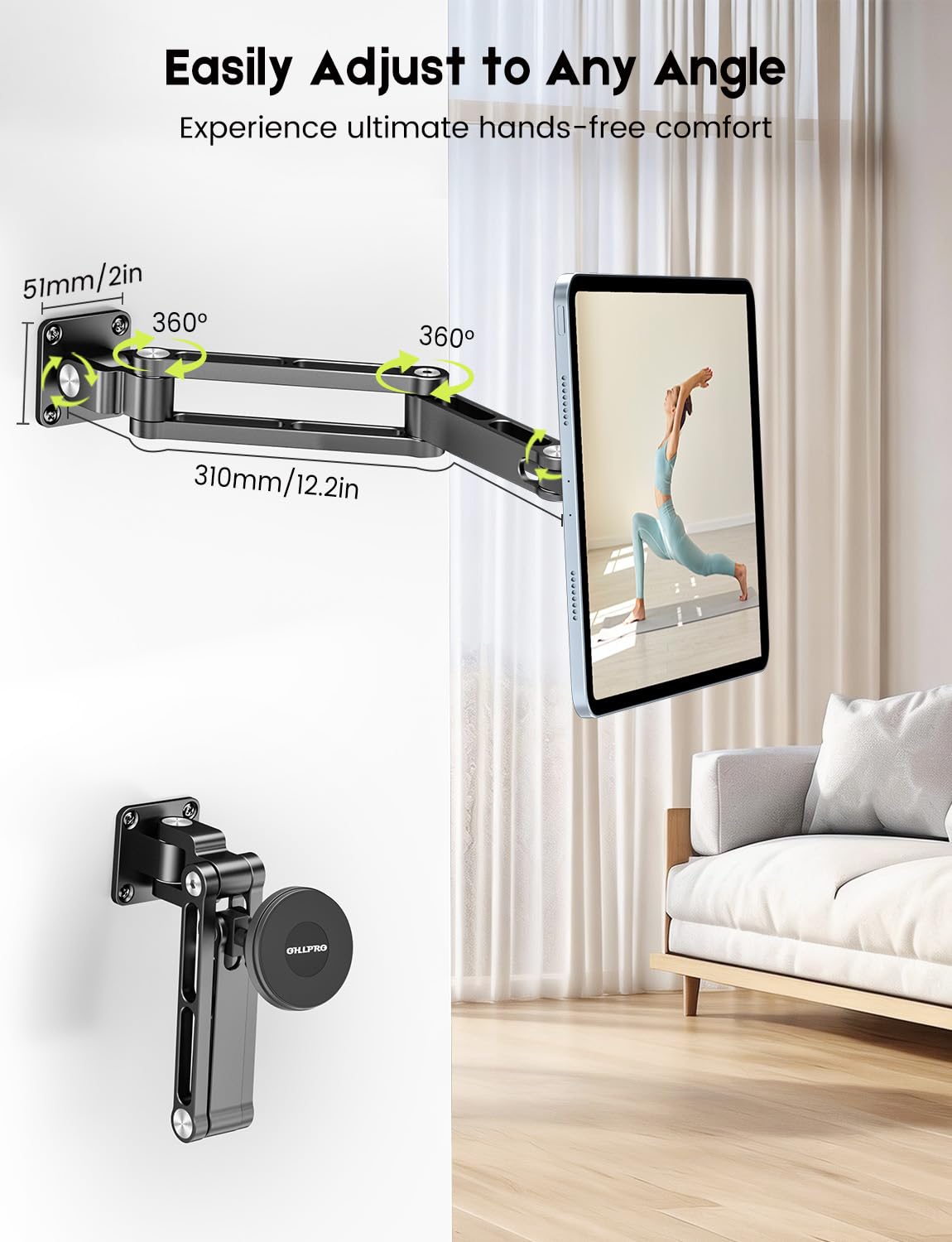 OHLPRO Supporto da parete per tablet magnetico in alluminio, girevole con giunto a 360°, compatibile con iPad Pro Air Mini, Galaxy Tab, iPhone, 4,7-13 pollici