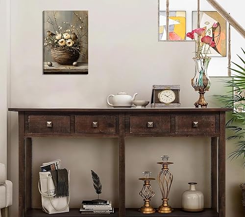 Miniatura 4 de HKMXCD 1 lienzo de pájaro para pared, cesta de flores con impresión de pájaros, cuadros de estilo campestre, pintura retro, granja, obras de arte,