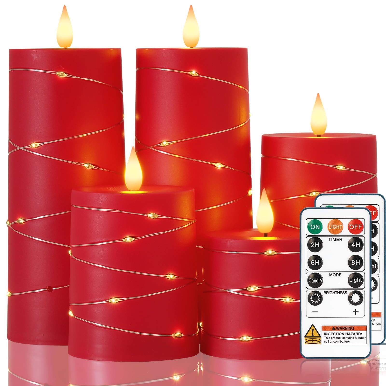 Homemory Flameless Candles with String Lights Remote Control Red Set of 5