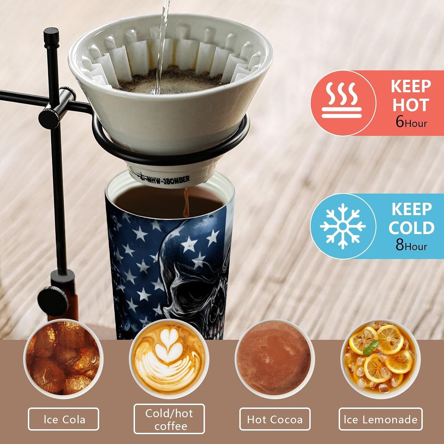 America Flag Skull Insulated Coffee Mug with Straw & Flip Lid, 16.9oz Iced Tumbler Cup, Double Wall Vacuum Leak-Proof Mug for Travel Office