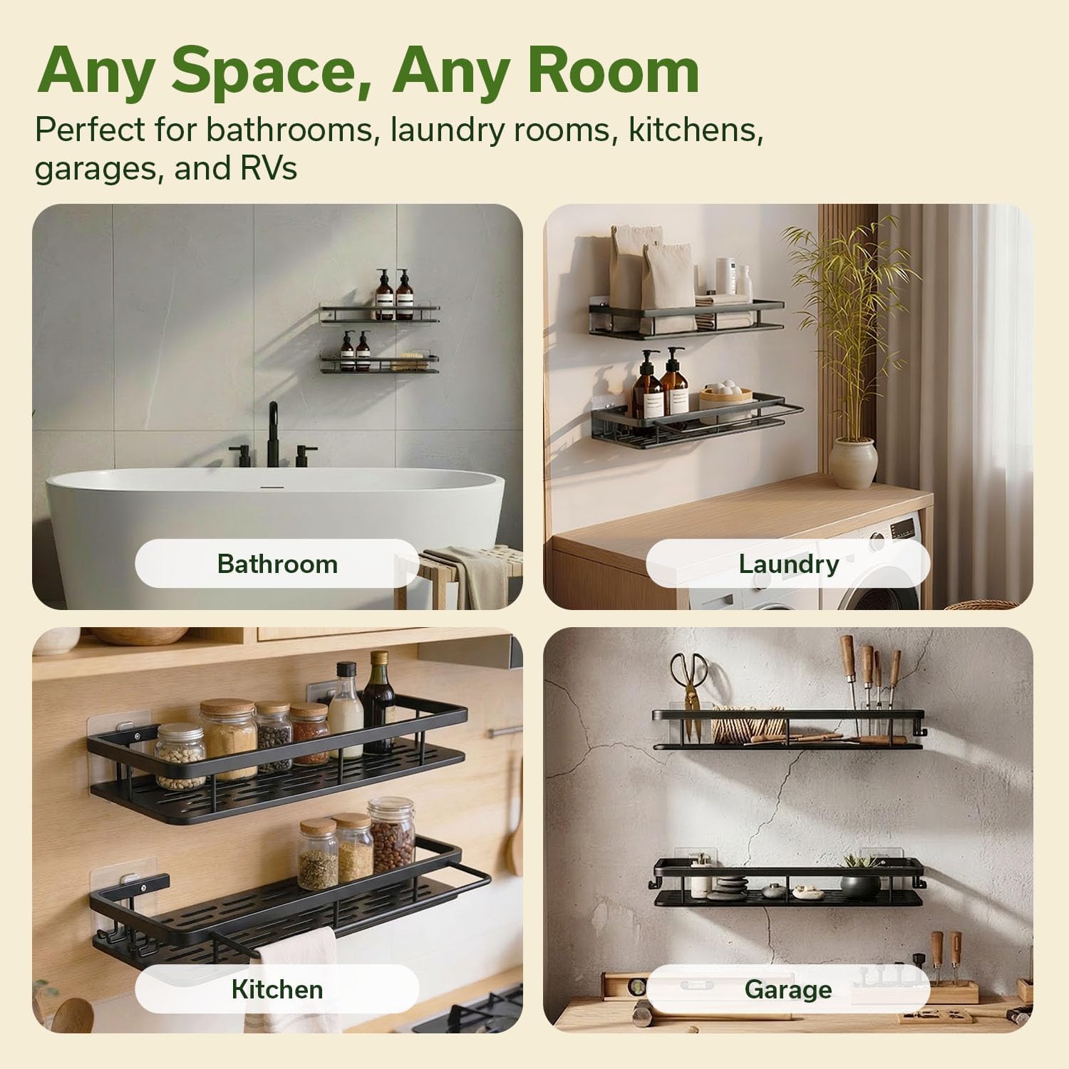 EVALAND Shower Caddy Adhesive 2-Pack with Hooks and Rod for Towels, Black – Premium Bathroom Shower Shelves, Shampoo Organizer, Bathtub Shelf, Rustproof, Easy Installation, Sturdy Modern Look