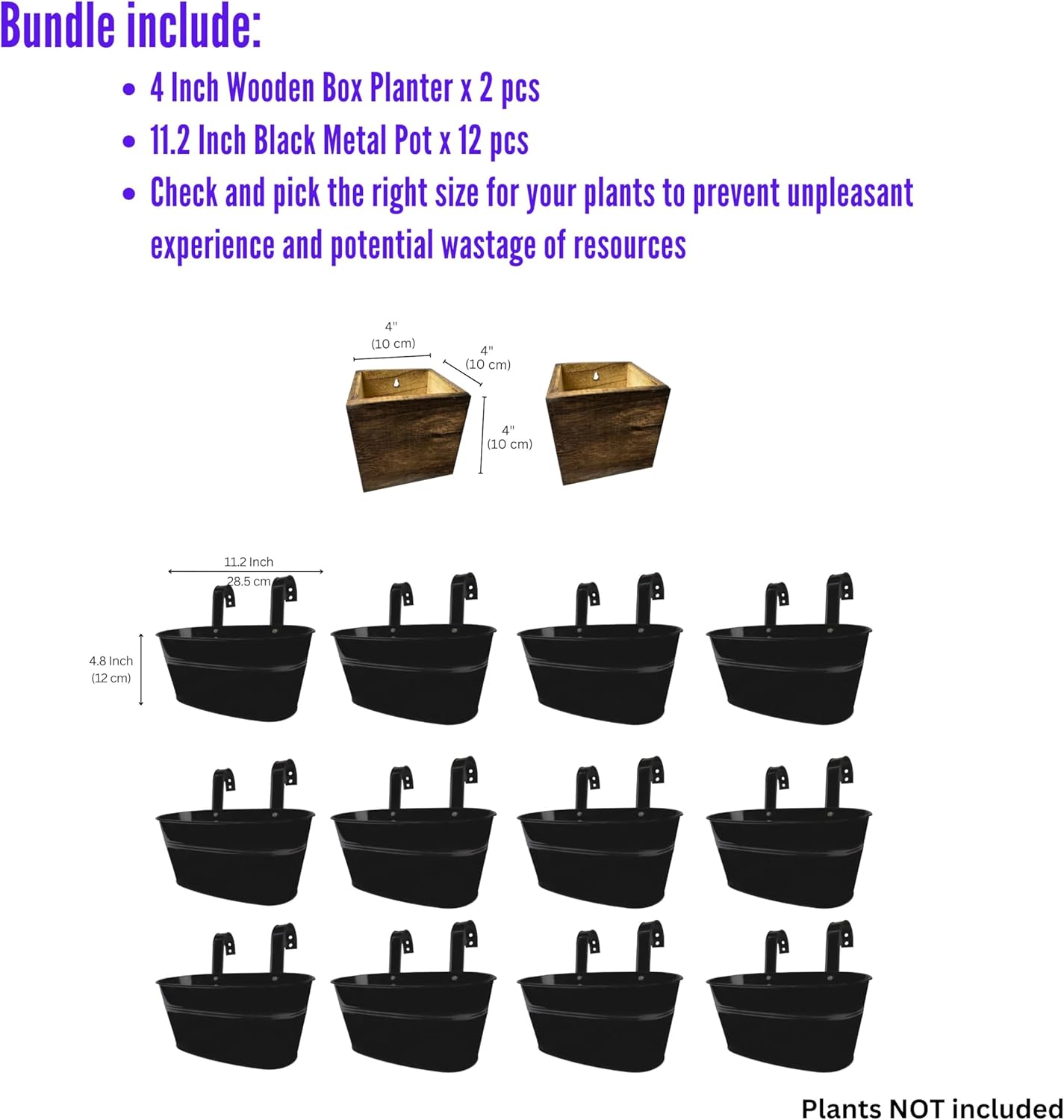LaLaGreen Bundle- 12-Pack, 11.2 Inch Black Metal Pot + 2-Pack, 4 Inch Wooden Box Planter Modern Boho Country Style Hanging Window Box Plant Holder Deck Rail Fence Table Centerpiece Home Garden Decor
