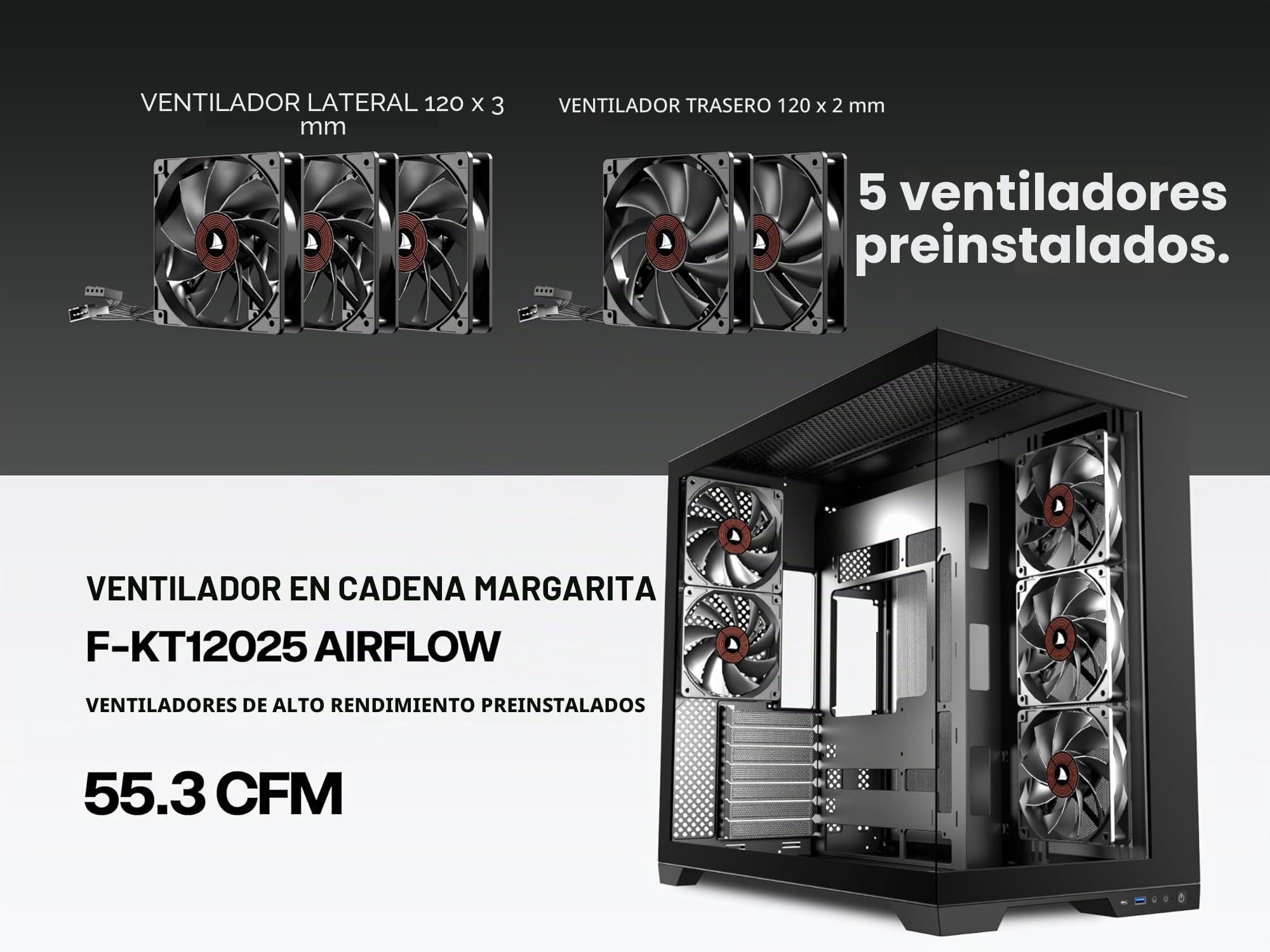 KEDIERS - Caja de ordenador con 5 ventiladores preinstalados, caja de juego ATX Mid Tower - Caja de ordenador con parte lateral abierta de cristal templado negro