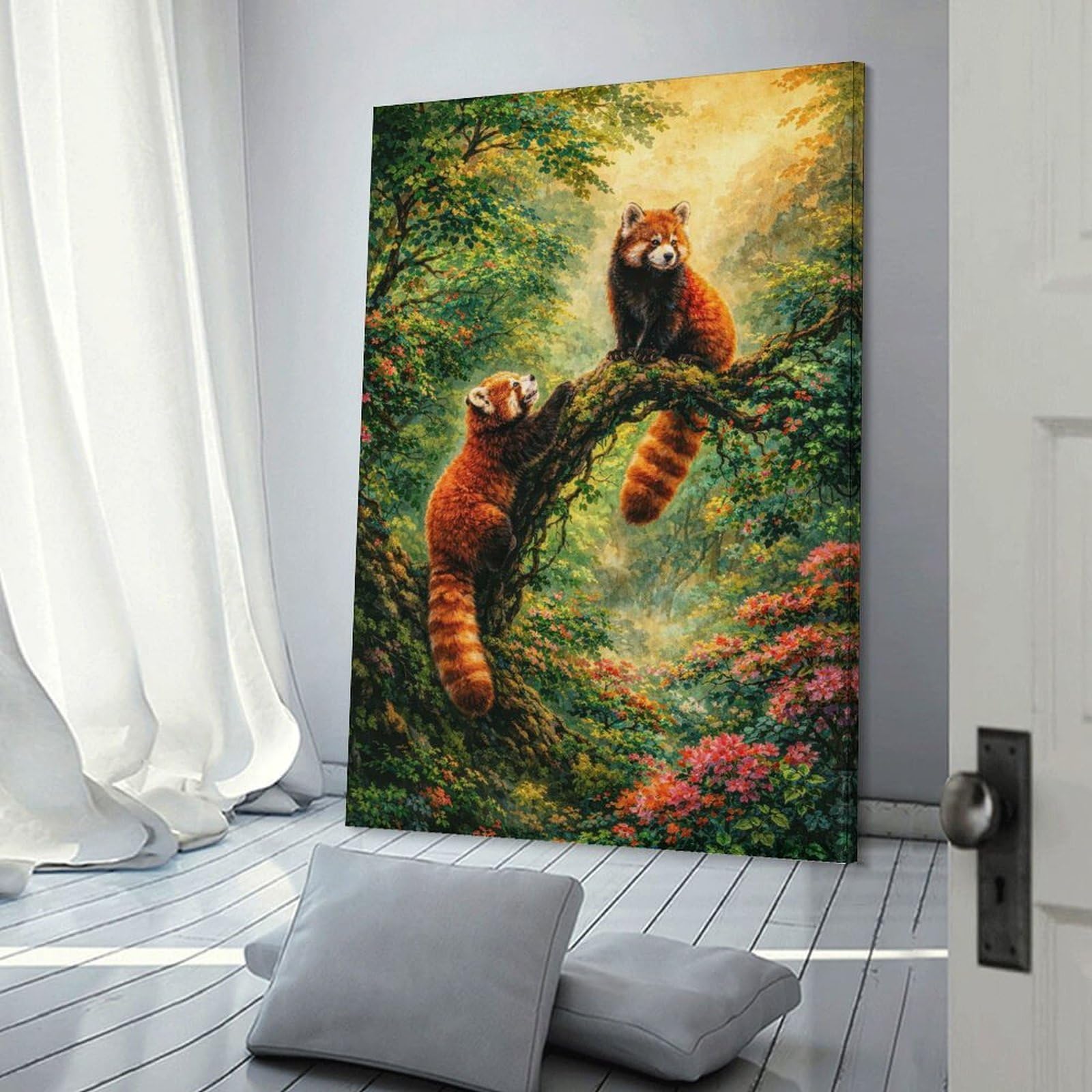 Junmoney Two Red Pandas in A Lush Forest Wall Decor Canvas Print, 20x30inch(50x75cm), for Bedroom, Lounge Or Dressing Area, Decorative Wall Art for Cosy Rooms