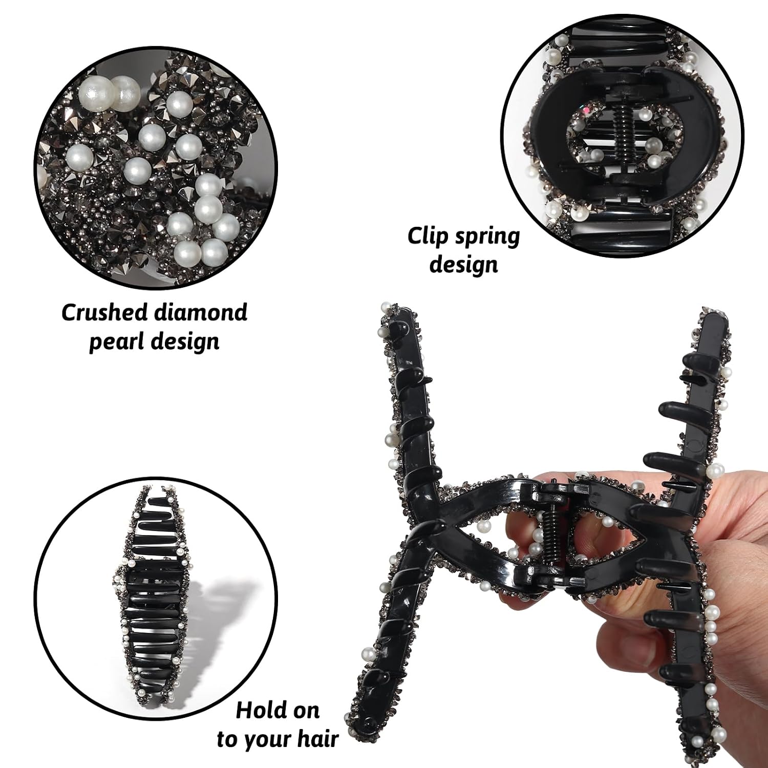 Black Diamond Hair Clips White Pearl Hair Claw Clip Super Glitter Rhinestone Claw Clip Fashion Crystal Hair Jaw Clip Adult Hair Decoration for Thick, Thin, Straight,Curly Hair (black-02) image 3