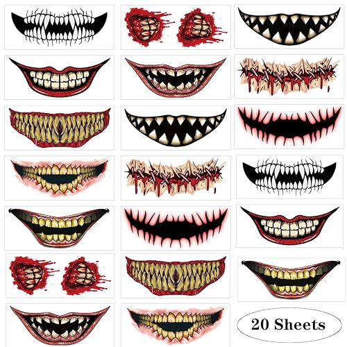 20 hojas de calcomanías temporales de tatuaje de Halloween para mujeres y hombres, broma, maquillaje, payaso, terror, aterrador, boca grande,