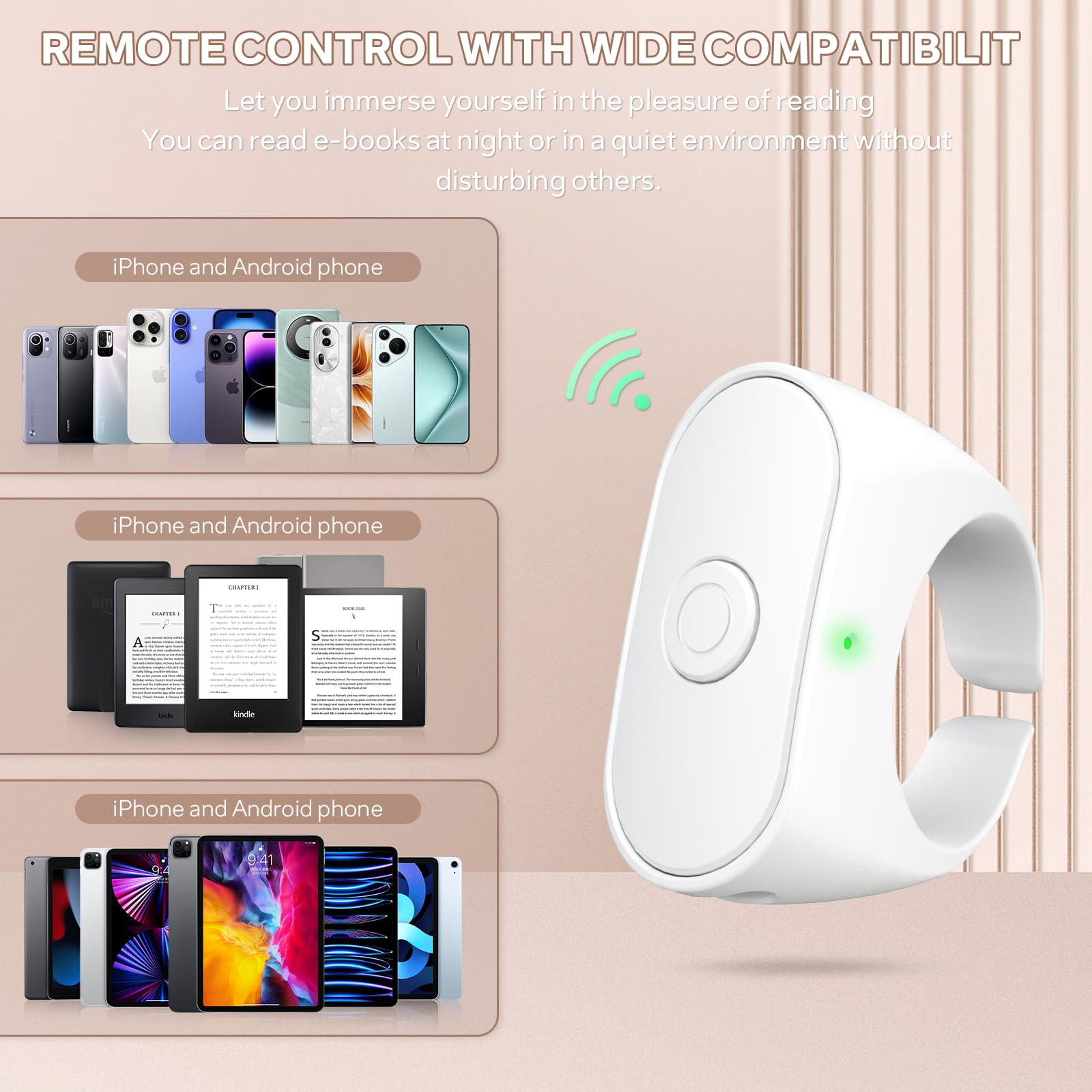 Anello per girare pagine con telecomando per Kindle Paperwhite, Oasis, Scribe, Kobo, eReader, telecomando per fotocamera, progettato per cover spessa, clicker per iPad e tablet, lettura romanzi