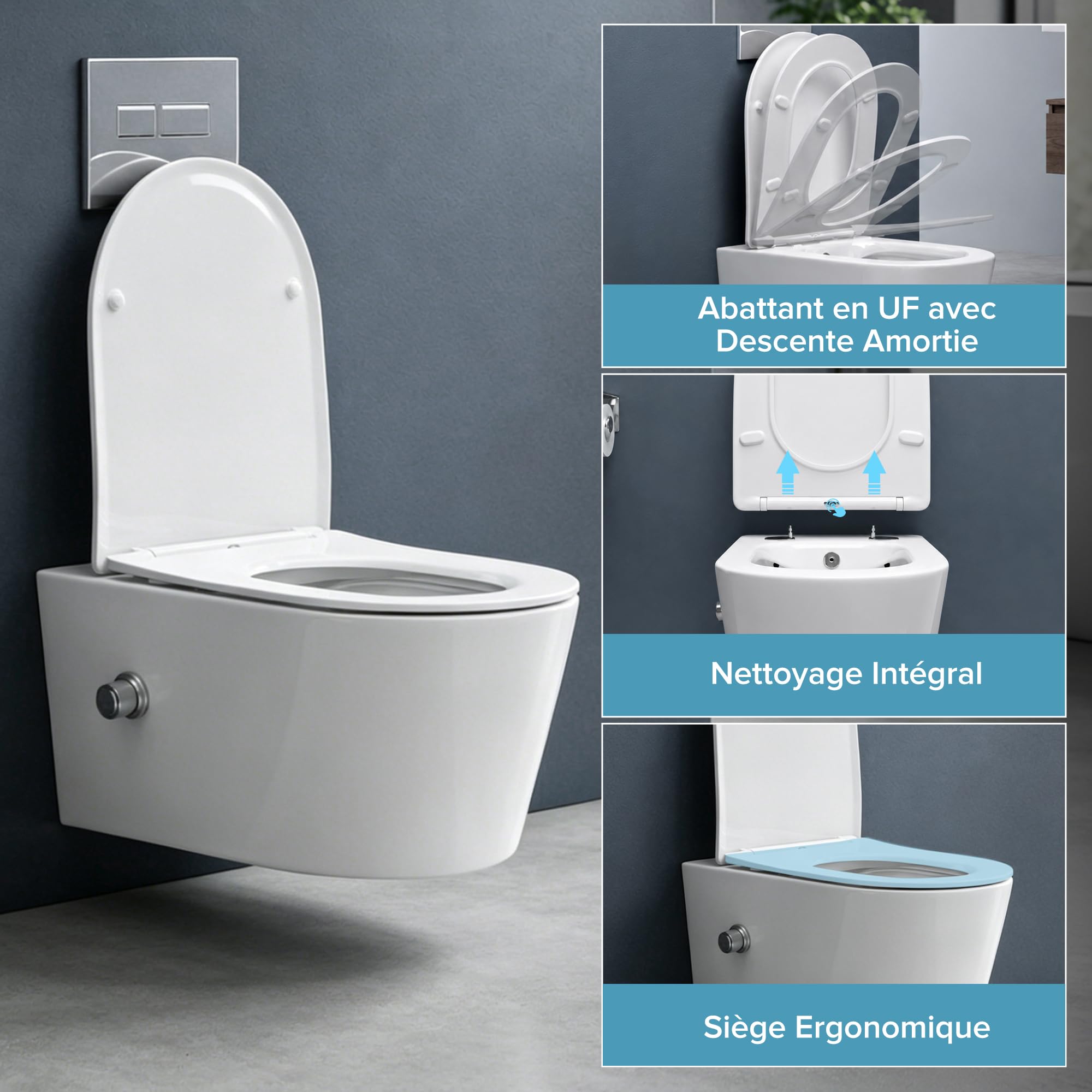 doporro WC Suspendu Blanc Cuvette Céramique avec Fonction de Bidet | Abattant Silencieux, avec Frein de Chute, Aachen601