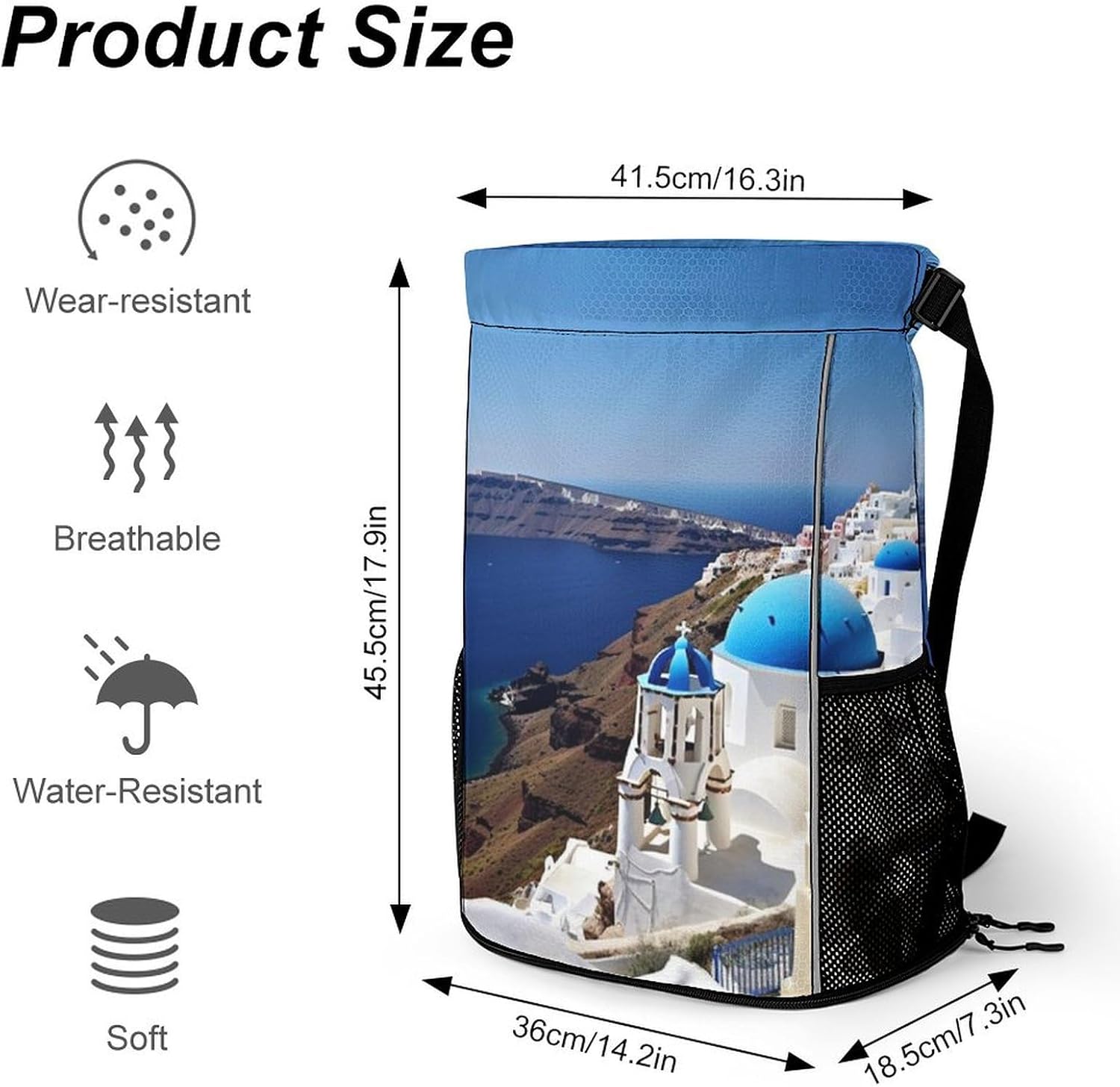 Small Gym Bag Santorini Greek Island Sea View Printed Drawstring Gym Bag for Men Lightweight Waterproof Drawstring Backpack for Women with Shoe Compartment for Travel Tourism Work And Fitness
