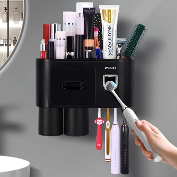 Wekity Toothpaste and Toothbrush Holder, Multi-Functional Toothbrush Holder Wall Mount for Bathroom Space Saving, with Toothpaste Dispenser and Colorful Gargle Cups Black