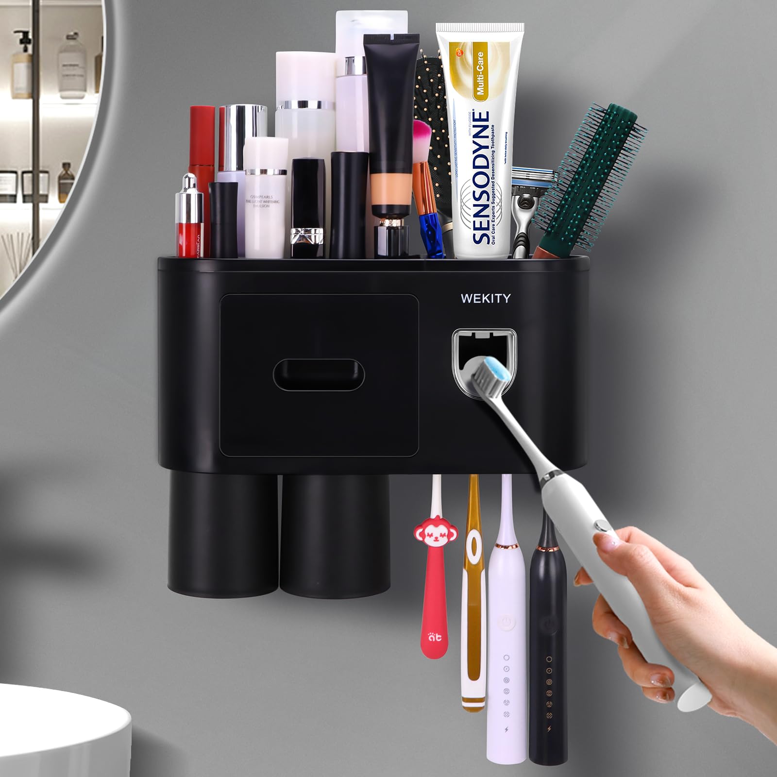 Support mural brosse à dents et dentifrice noir avec gobelets