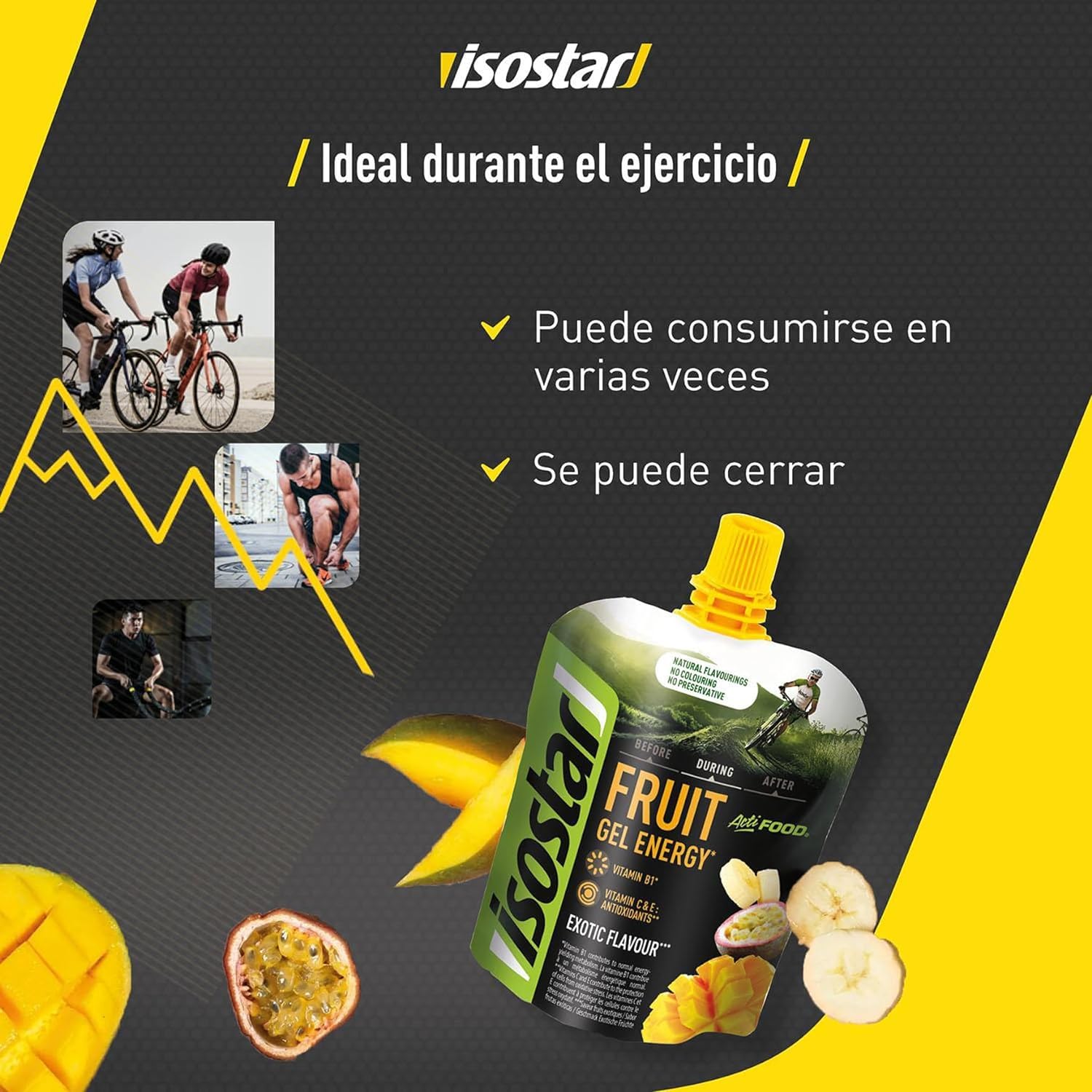 Isostar Actifood Gel Energético, Rico en Vitaminas C, E y Fuente de Vitamina B1, Sabor Exotic, 90g, 24 unidades