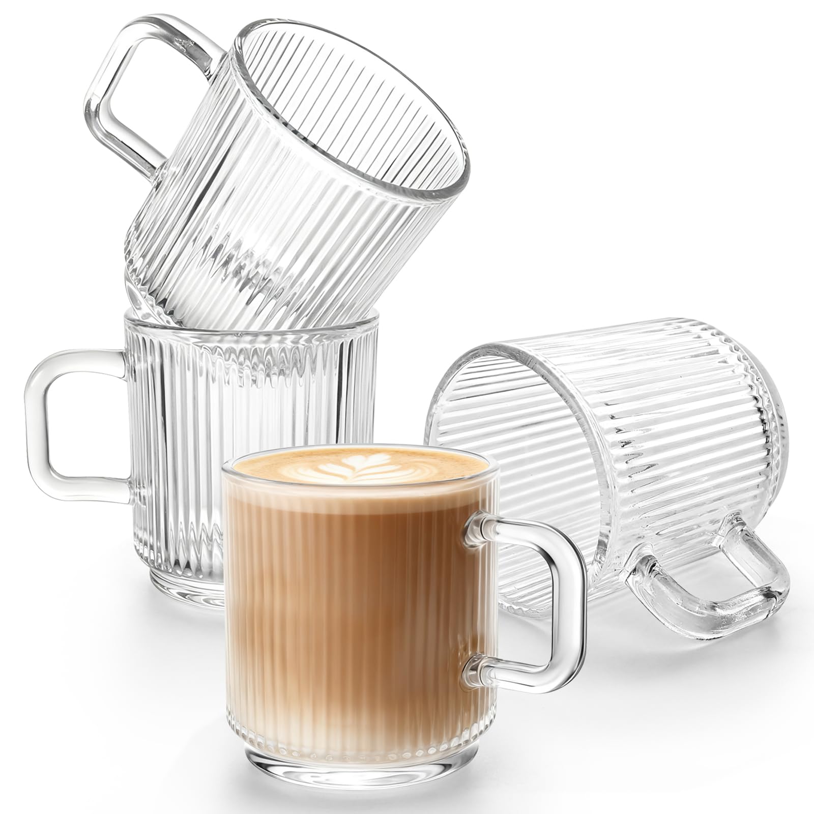 Wieat Cappuccino Coffee Cups Set of 4, 250ml Espresso Glass Cups for Latte Cocoa, Stackable Coffee Mugs, Clear Glass Tea Cups with Handle