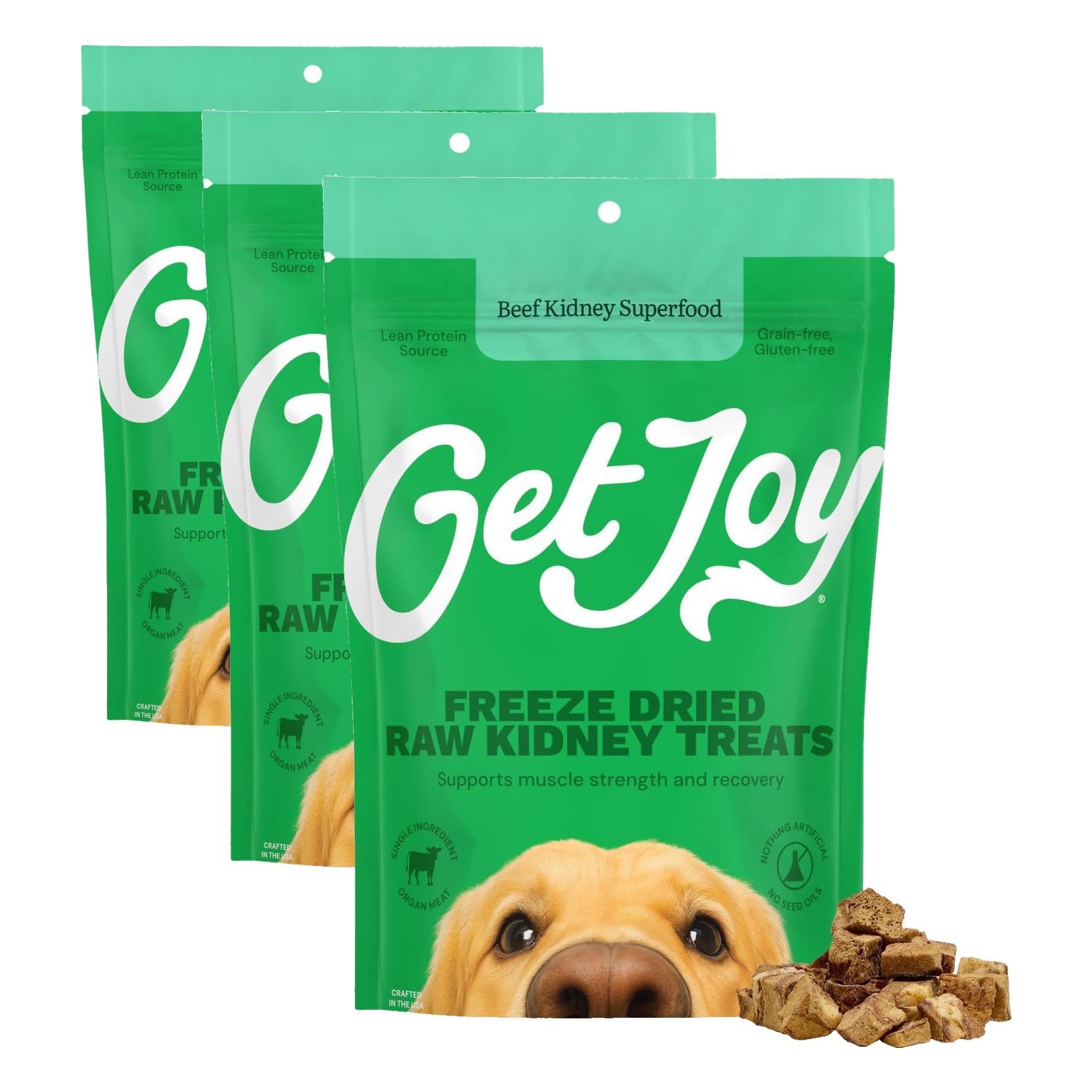 Get Joy Freeze Dried Beef Kidney Dog Treats, Single Ingredient, 4oz | High protein organ snack for training, meal mixing or raw topping. Small to large dogs, all life stages. Nothing else added., Beef Kidney, 4 Ounce (Pack of 3)