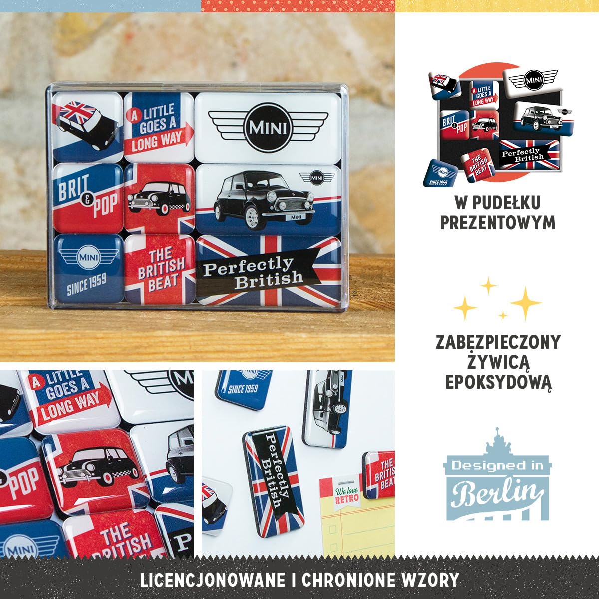 Nostalgic-Art Retro magnesy na lodówkę, 9 sztuk, Mini – Union Jack – Pomysł na prezent dla miłośników Mini Coopera, Official License Product (OLP), zestaw magnesów, Styl vintage