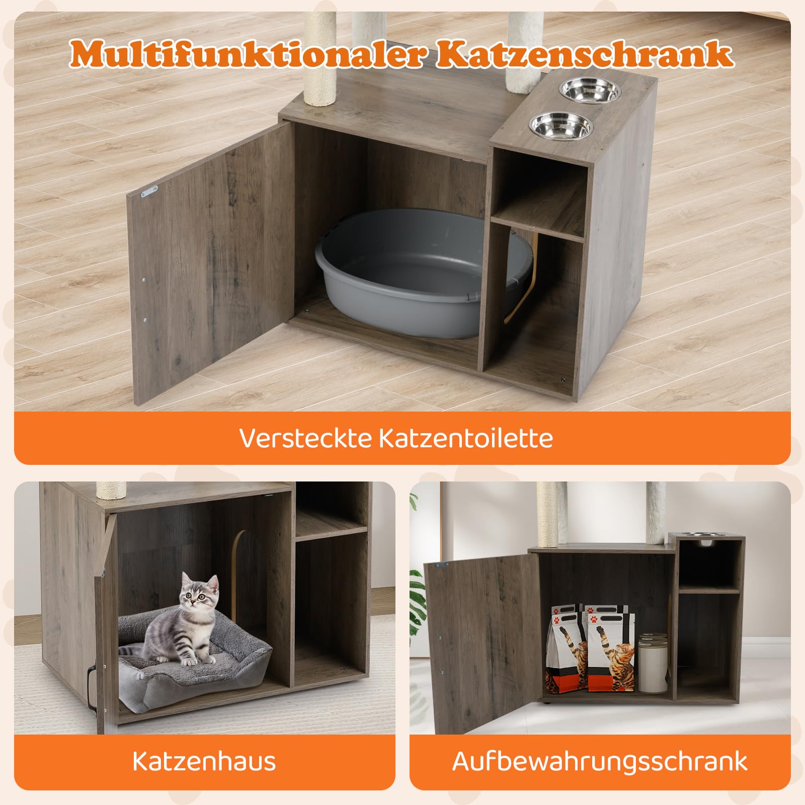 COSTWAY Drapak z szafką dla kotów, szafka dla kota, drapak dla kota z słupkami sizalowymi, platformy, mata do drapania, jaskinia i 2 miski na karmę, drewno, drzewo dla kota (szary)