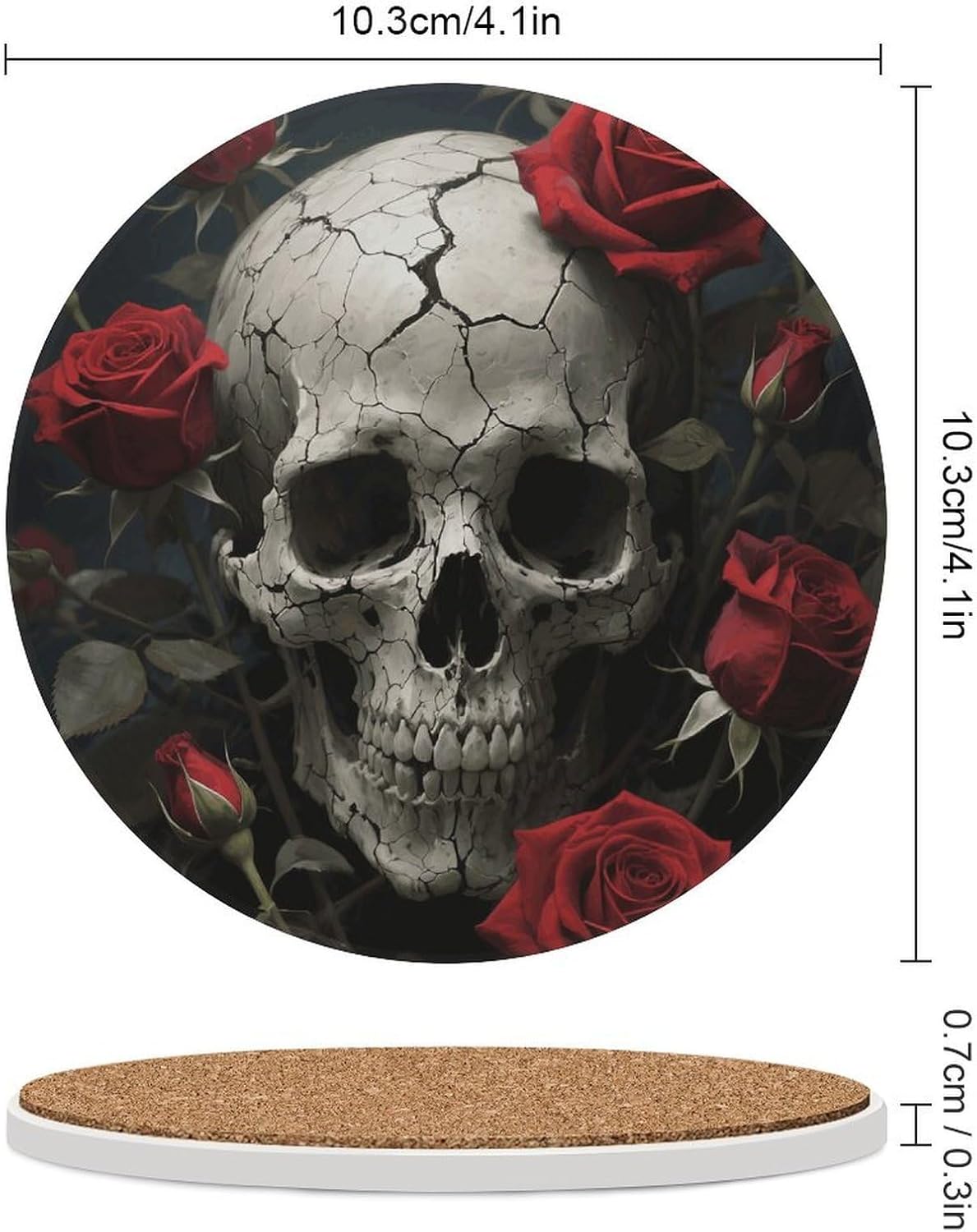 6PCS Skull Rose Coasters Non-Slip Round Drink Coasters with Ceramic Stone and Cork Base, Heat Resistant Absorbent 33.00Stone Coaster Set for Kinds of Mugs and Cups, 4 Inch