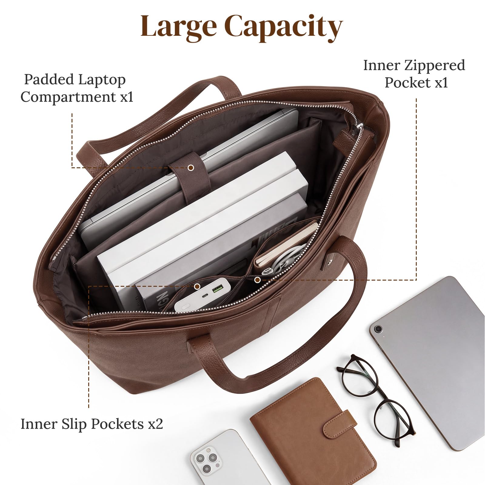 S-ZONE Grand sac fourre-tout en cuir végétalien pour femme, sac à main, voyage, déplacement, bureau, enseignante