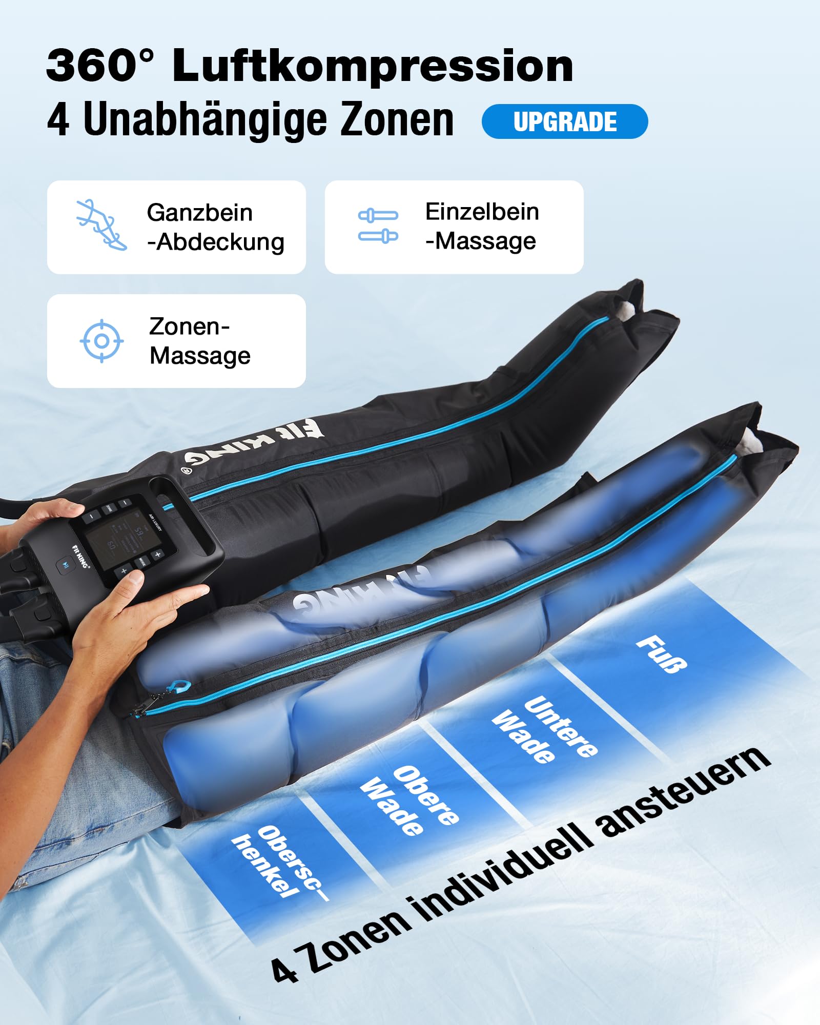 FIT KING Beinmassagegerät, 4-Zonen-Luftkompression, wiederaufladbar (S) | Recovery Boots 12 Intensitäten 3 Modi Fördert die Durchblutung und Muskelregeneration für Sportler und den täglichen Gebrauch