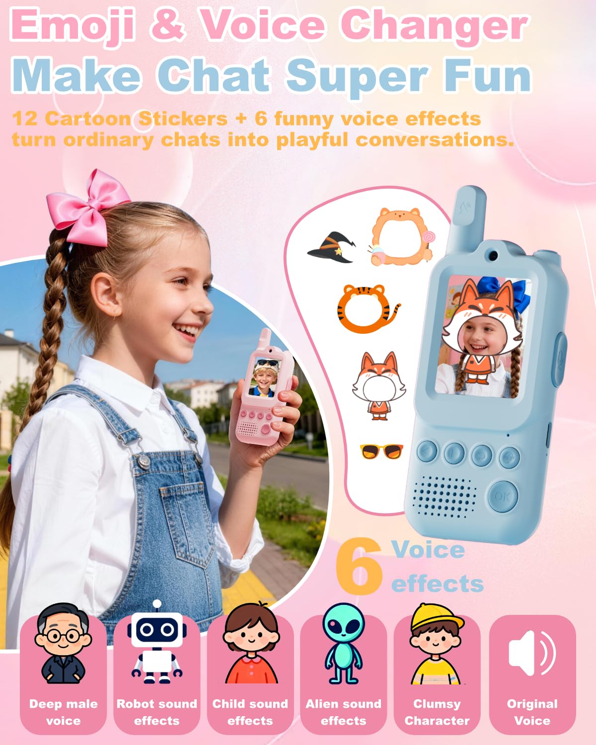 Video Walkie Talkies for Kids 2 Pack Rechargeable Video Intercom with Voice Changer, 1300FT Long Range Radios, Camping Hiking Toys, Birthday Gifts for Boys Girls Ages 3-12 (Pink&Blue)