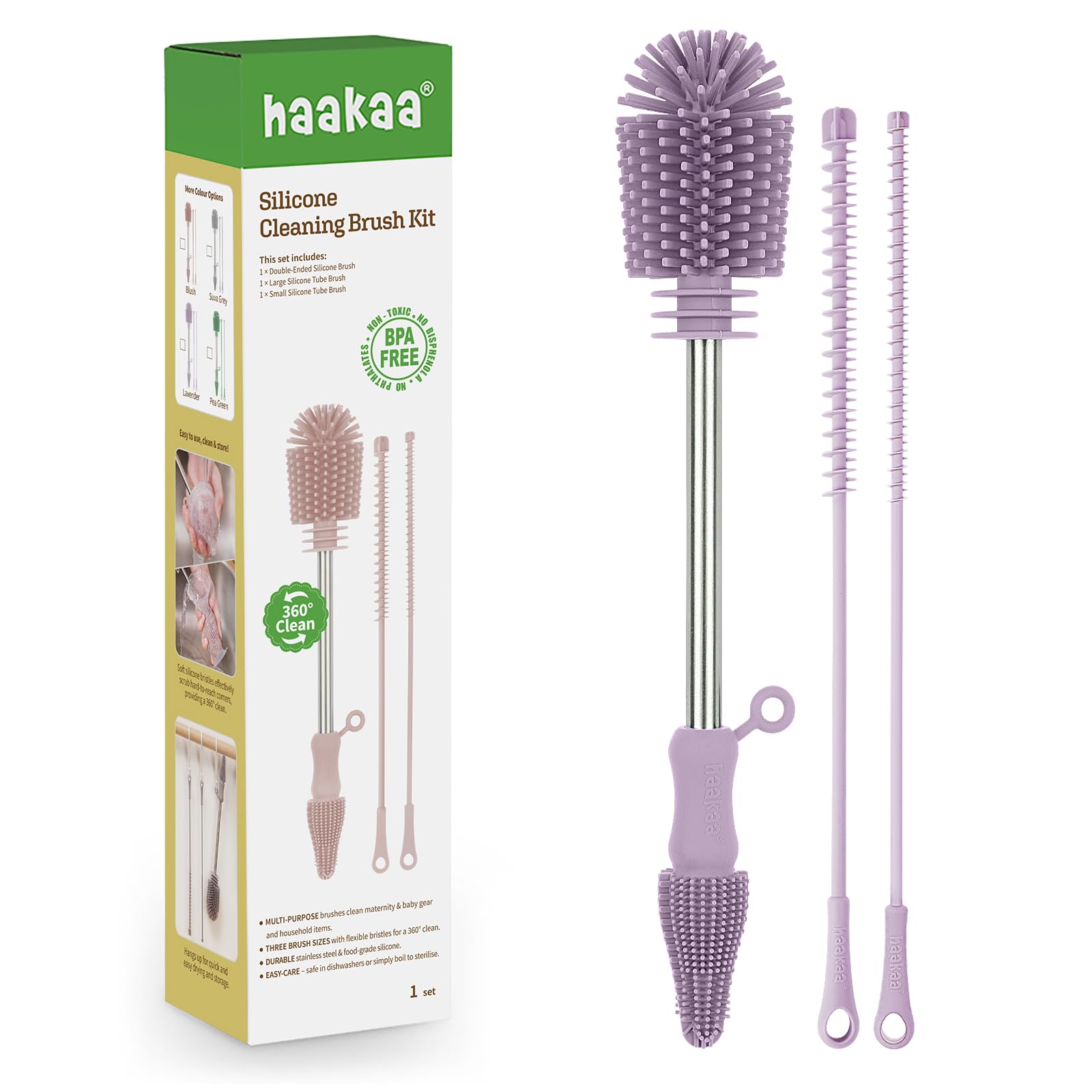 Haakaa Lavender Silicone Multifunctional Cleaning Brush Kit (Lavender) - Bottle Brush For Breast Pumps, Breast Milk Collector, Baby Bottles, Nipples, Breastmilk Storage Bags
