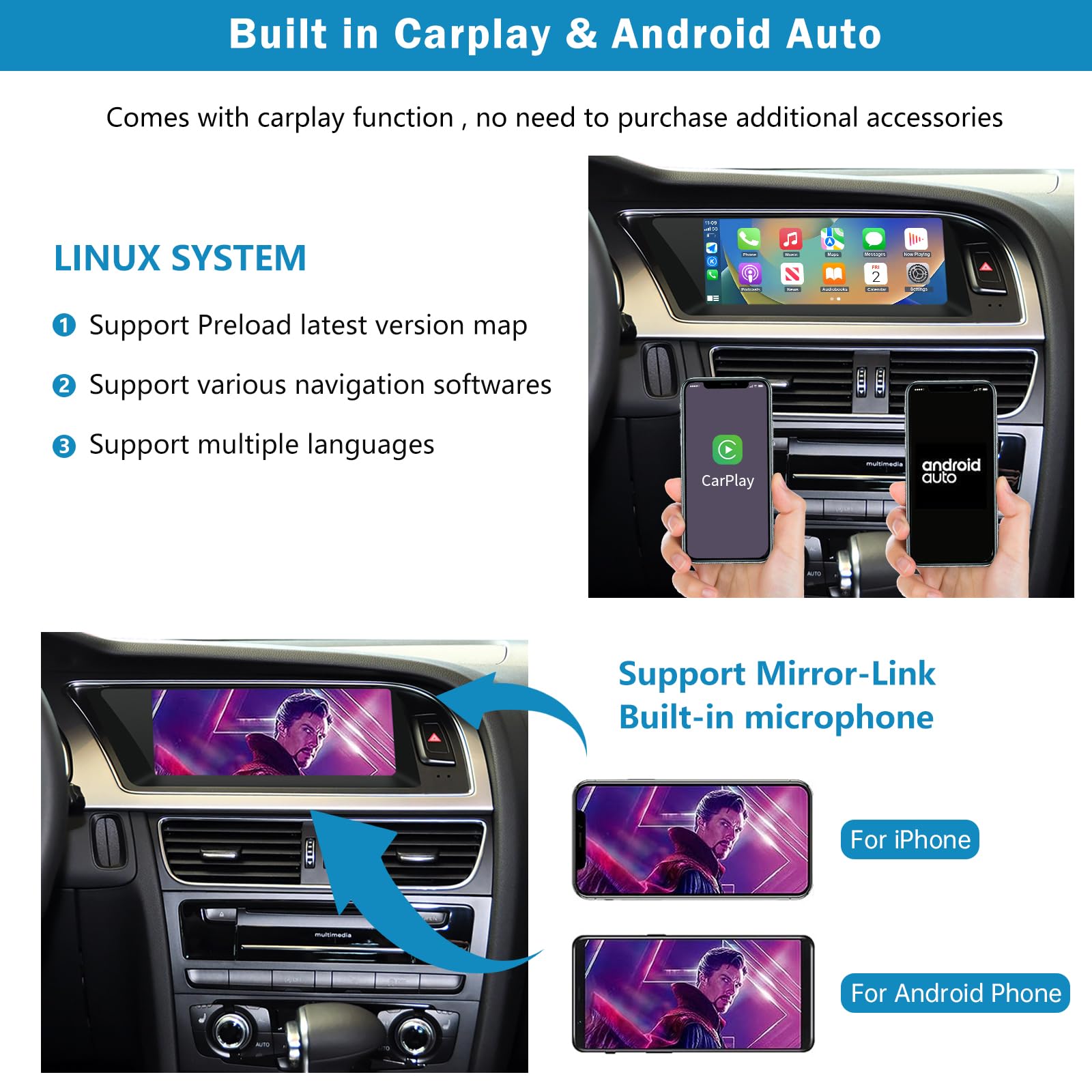 Autoradio écran Tactile 8,9" avec Carplay sans Fil et Android Auto pour 2008-2016 Audi A5 S5 avec système 3G MMI+, Prend en Charge Mirrorlink, Caméra, Navigation