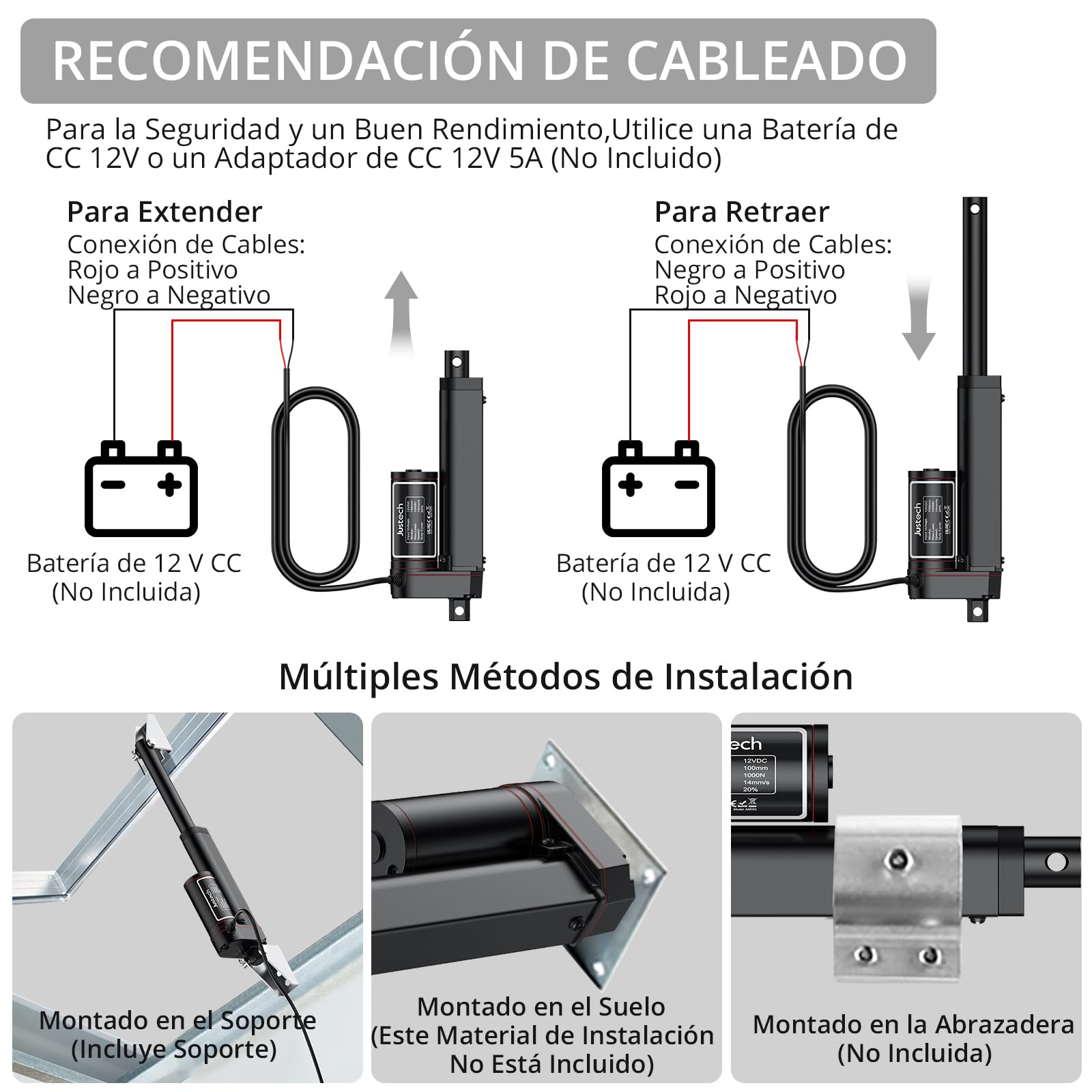 Justech Actuador Lineal 1000N 100mm 12V IP65 Aleación de Aluminio