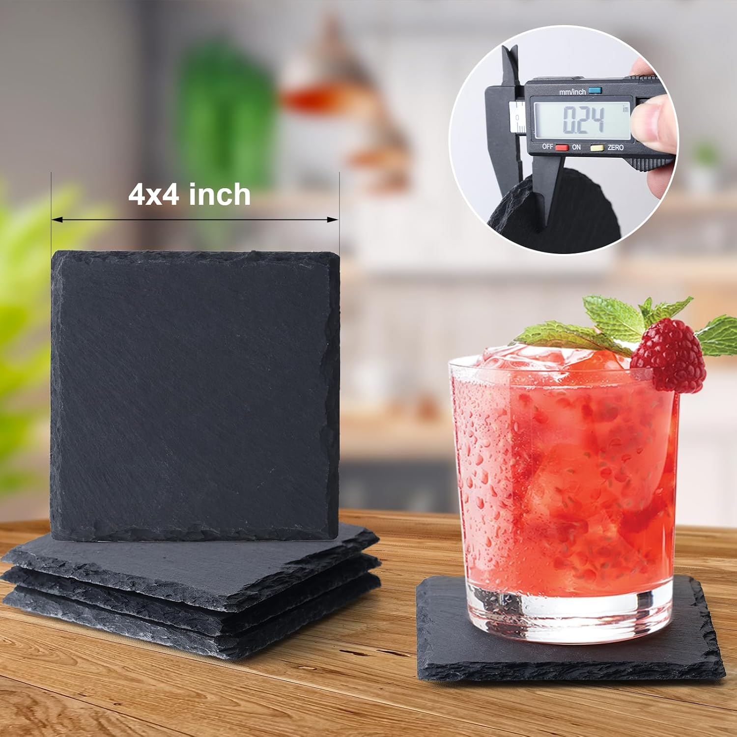 16 Pack Stone Coaster Set with Metal Stand 4-inch Square Laser-Engraved Black Stone Coasters with Protective Pads on The Bottom Ideal for Home,bar, and Gift Occasions (Weddings, housewarmings) - Image 2