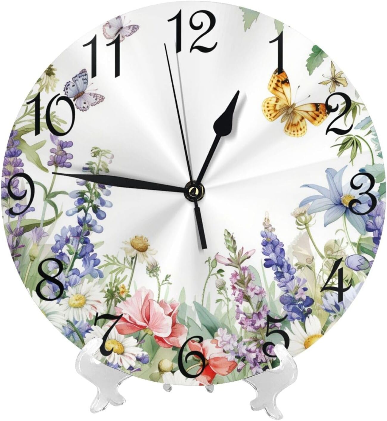 Wall Clock Battery Operated 10 Inch Silent Non Ticking Watercolor Illustration Theme,Wildflower Flower Plant Pattern,Decorative for Kitchen, Bathroom, Bedroom, Living Room,Purple Multicolor