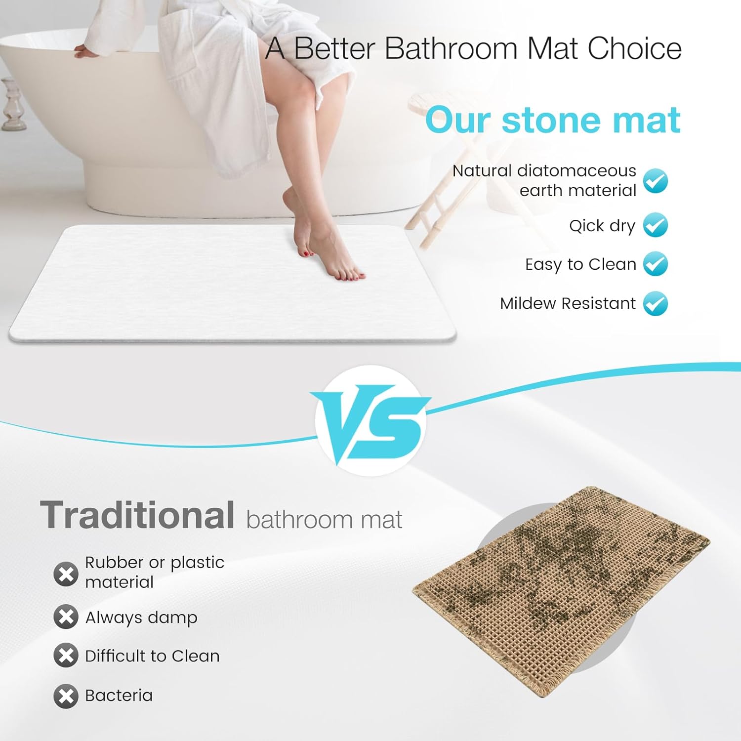 Large Diatomite Stone Bath Mat, Premium Non-Slip Natural Diatomaceous Earth Bathtub Fast Drying Mats for Bathroom Floor (30" x 17" White)