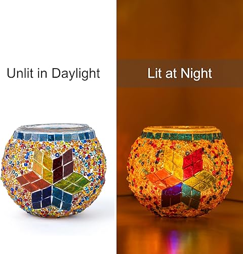 Miniatura 3 de KAFTHAN Portavelas grande de vidrio de mosaico, cuenco redondo, maceta, portavelas votivo, jarrón decorativo y centro de mesa único para bodas,