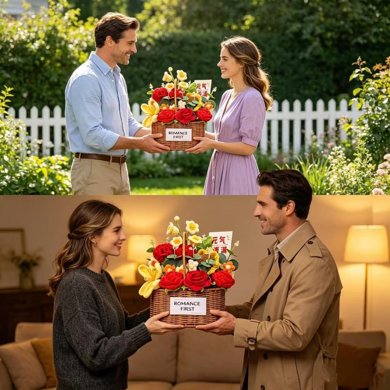 Handmade Crochet Flower Basket with Yarn Roses - Eternal Artificial Bouquet in Faux Rattan Basket - Romantic Home Decor & Table Centerpiece - Unique Gift for Her (Red & Blue) (Multicolor 1)