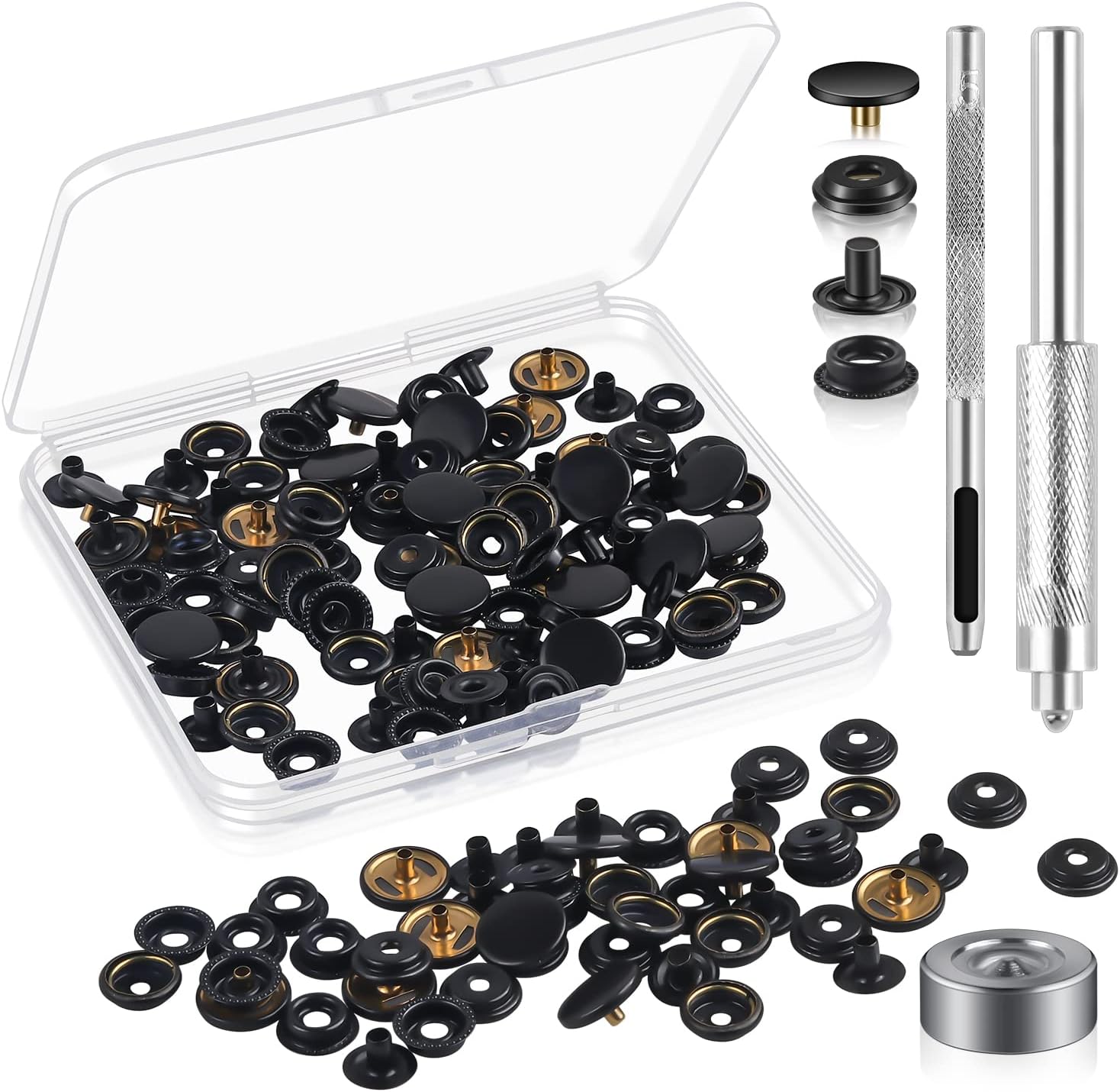 200Pieces (50Sets) 15MM Snap Fastener Kit Tool Snap Button kit Snaps for Leather Snap Fasteners Kit for Leather Marine Grade Stainless Steel Snaps Button for Canvas Bag, Jeans, Clothes, Fabric (BLack)