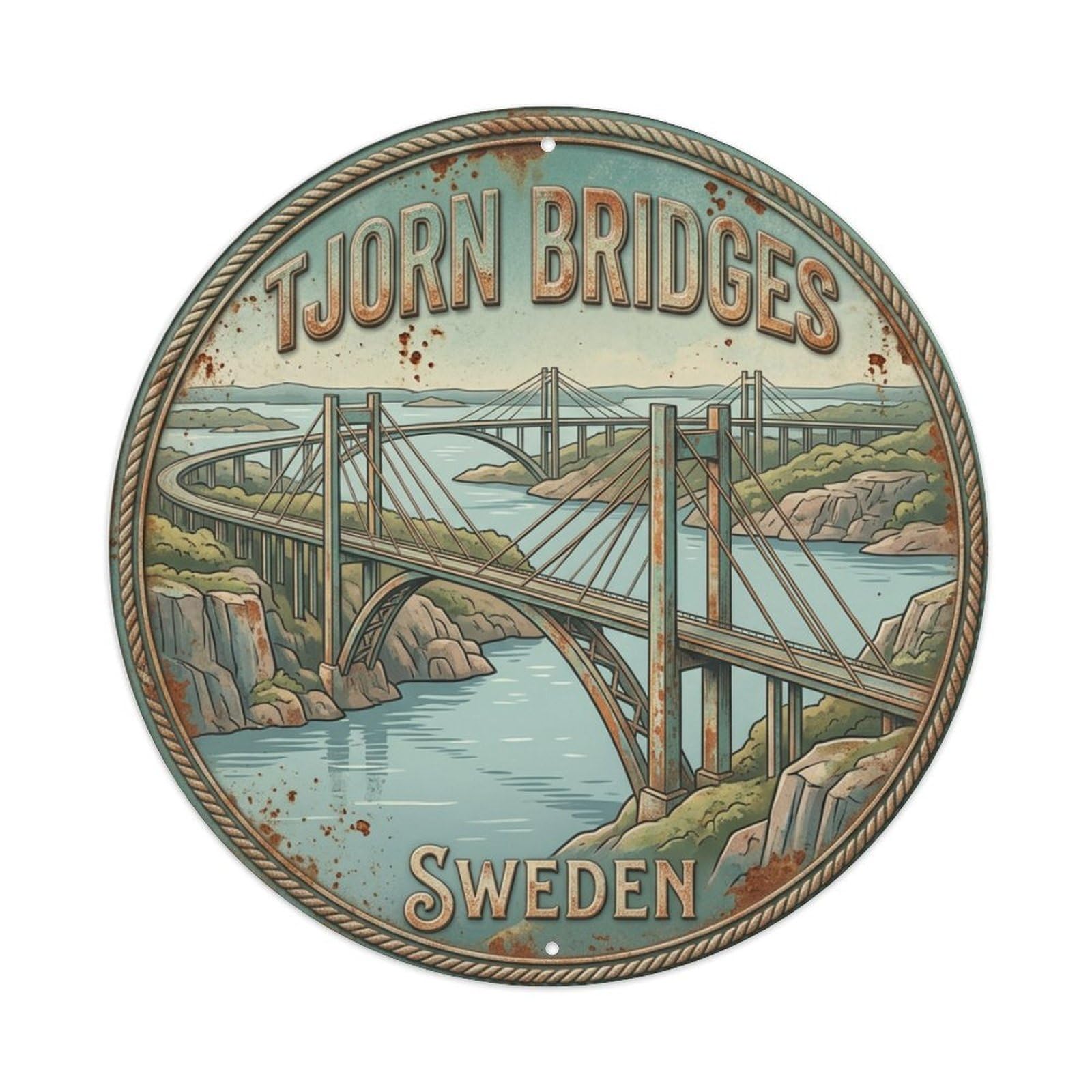 Vintage Travel Tjorn Sweden Bridges Metal Tin Sign
