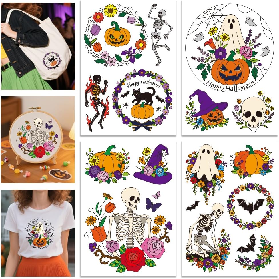 GLOBLELAND 4 Sheets Halloween Pumpkin Colorful Water Soluble Hand Sewing Stabilizers Halloween Skeleton Wash Away Embroidery Stabilizer Wreath Embroidery Stitch Practice for Embroidery Beginners