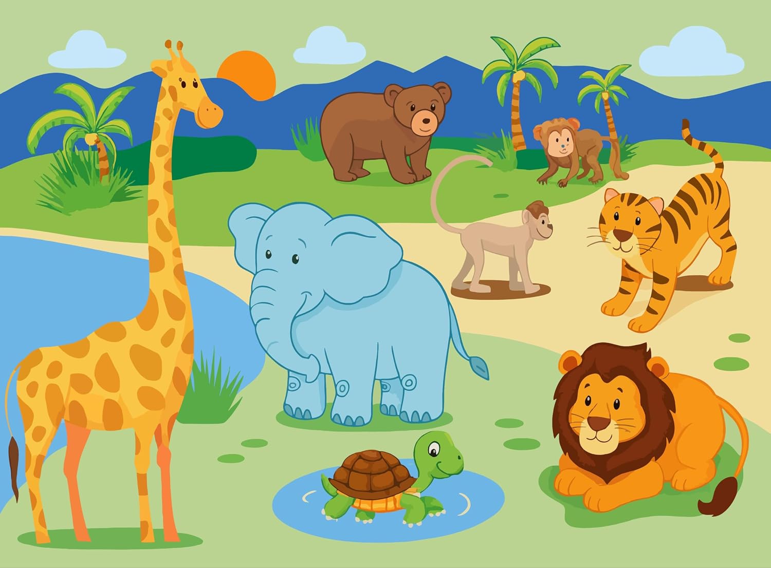 Animal Classroom Rug for Preschool, 106W x 145L inches, Safari Theme, Non-Slip Backing, Educational Kids Area Rug, Multicolor (270x370)