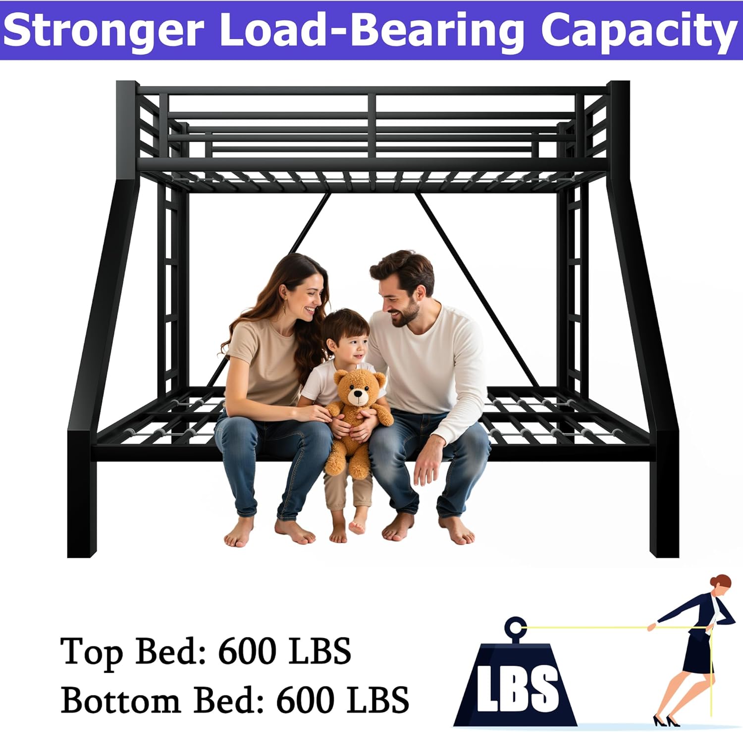 Heavy-Duty Metal Twin XL Over Queen Bunk Bed with 2 Ladders,Higher Quality Metal Bunk Bed Queen Size for Boys Girls Teens Adults,No Box Spring Needed,Weight Capacity 600LBS (Black)